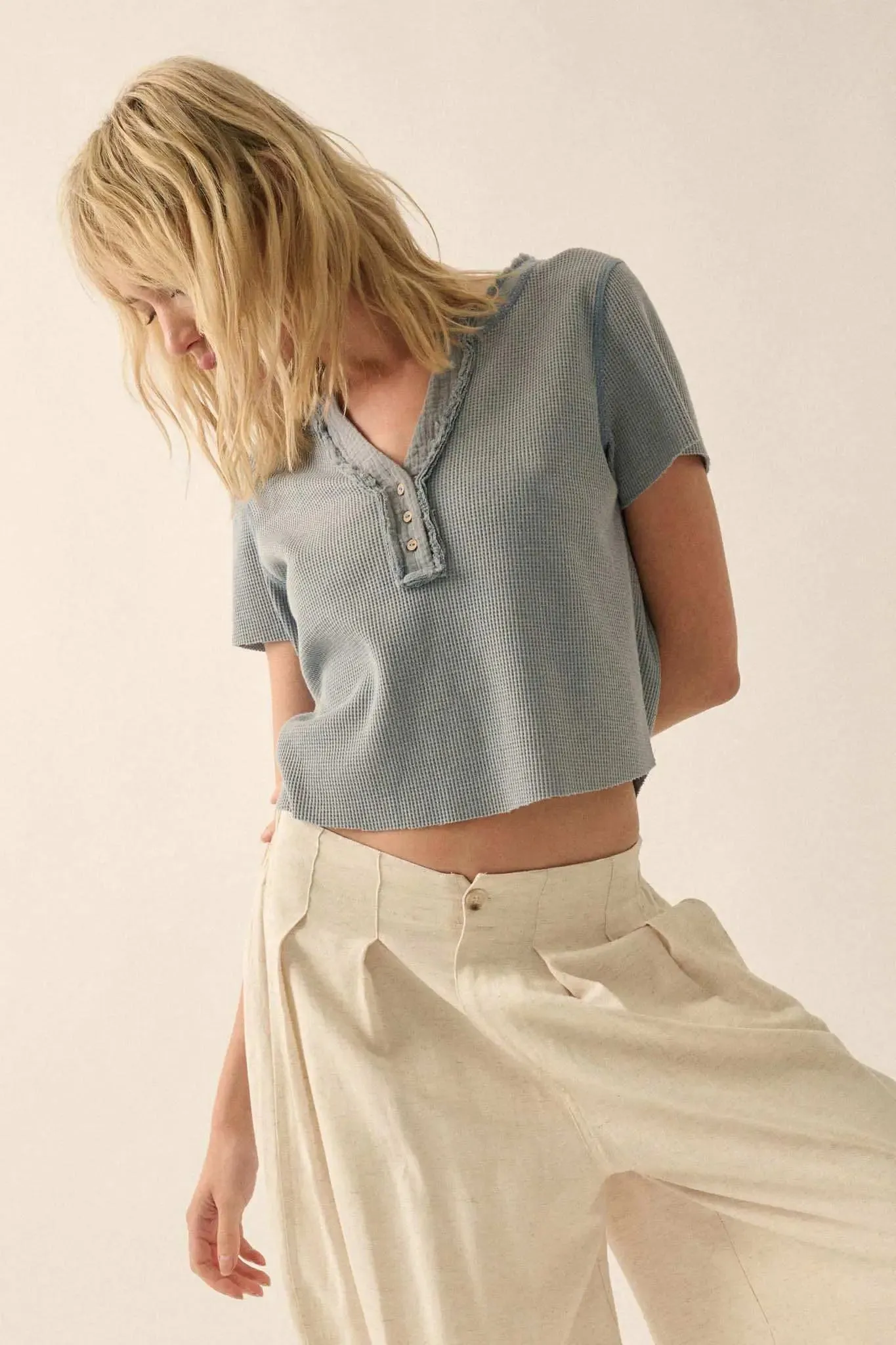 Casually Cool Waffle Knit Raw-Edge Henley Tee sold by Promesa product image thumbnail 4