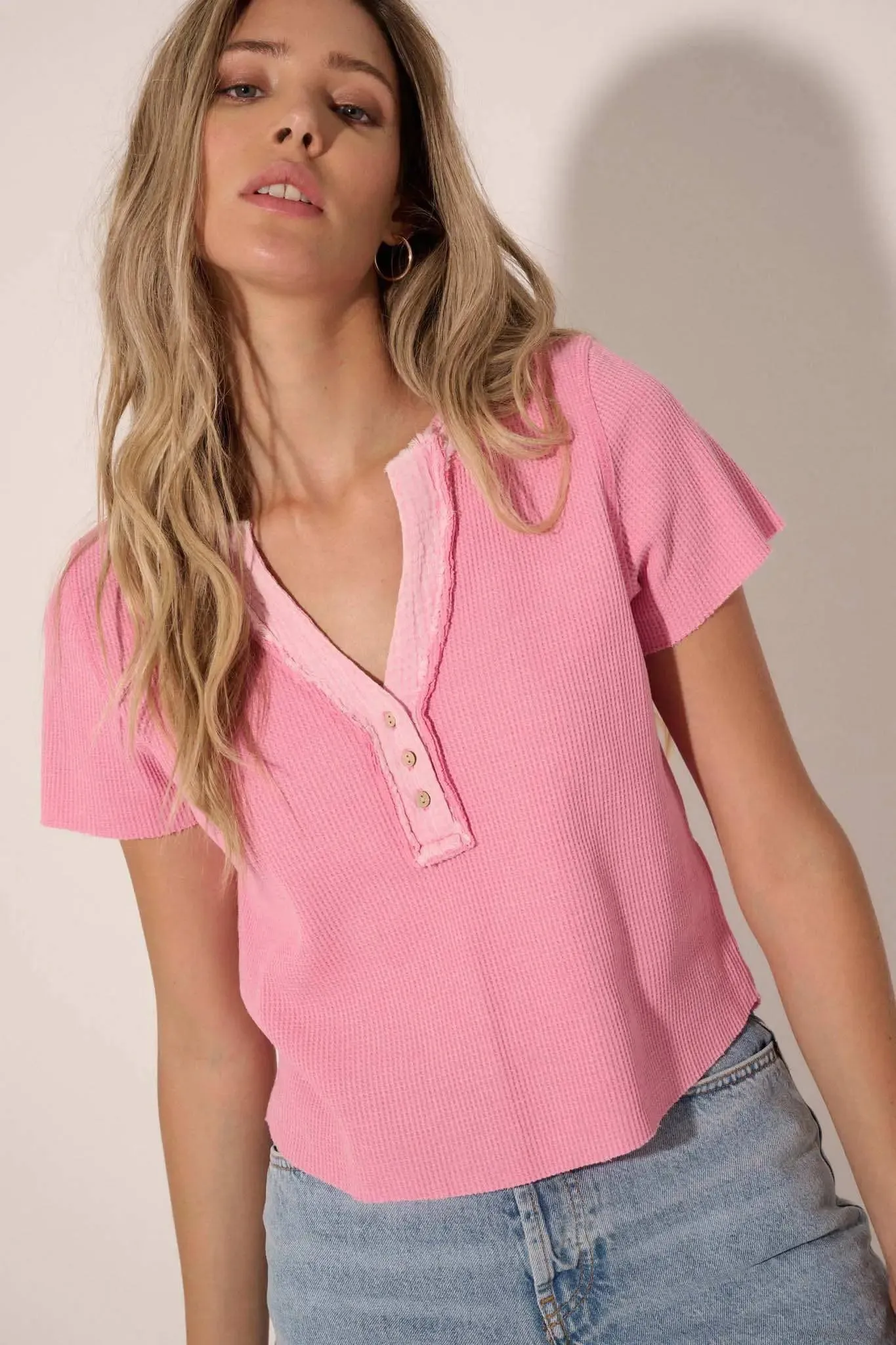 Casually Cool Waffle Knit Raw-Edge Henley Tee sold by Promesa product image thumbnail 5