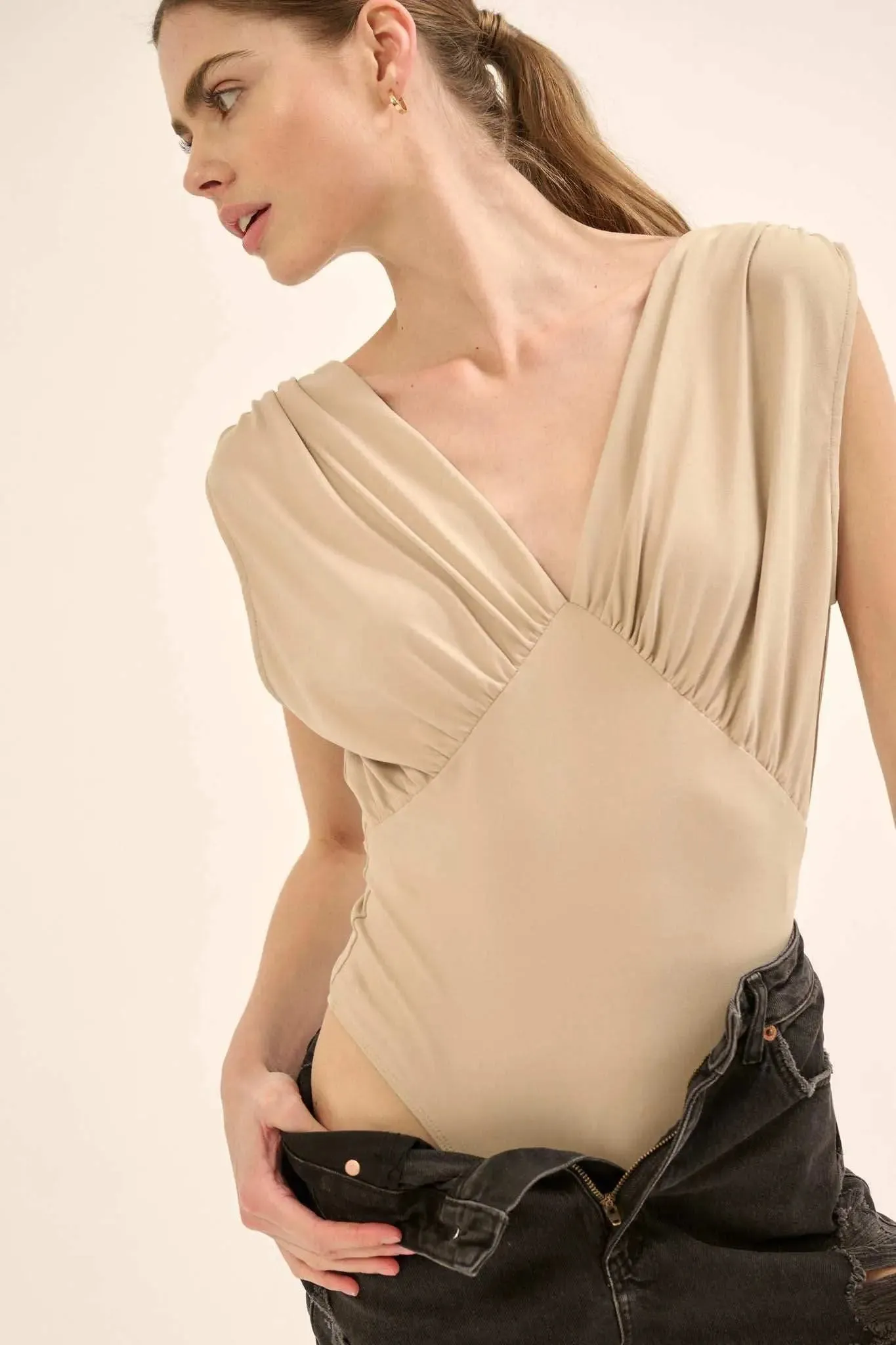 Lifted Fit Gathered Cap-Sleeve V-Neck Bodysuit sold by Promesa product image thumbnail 5