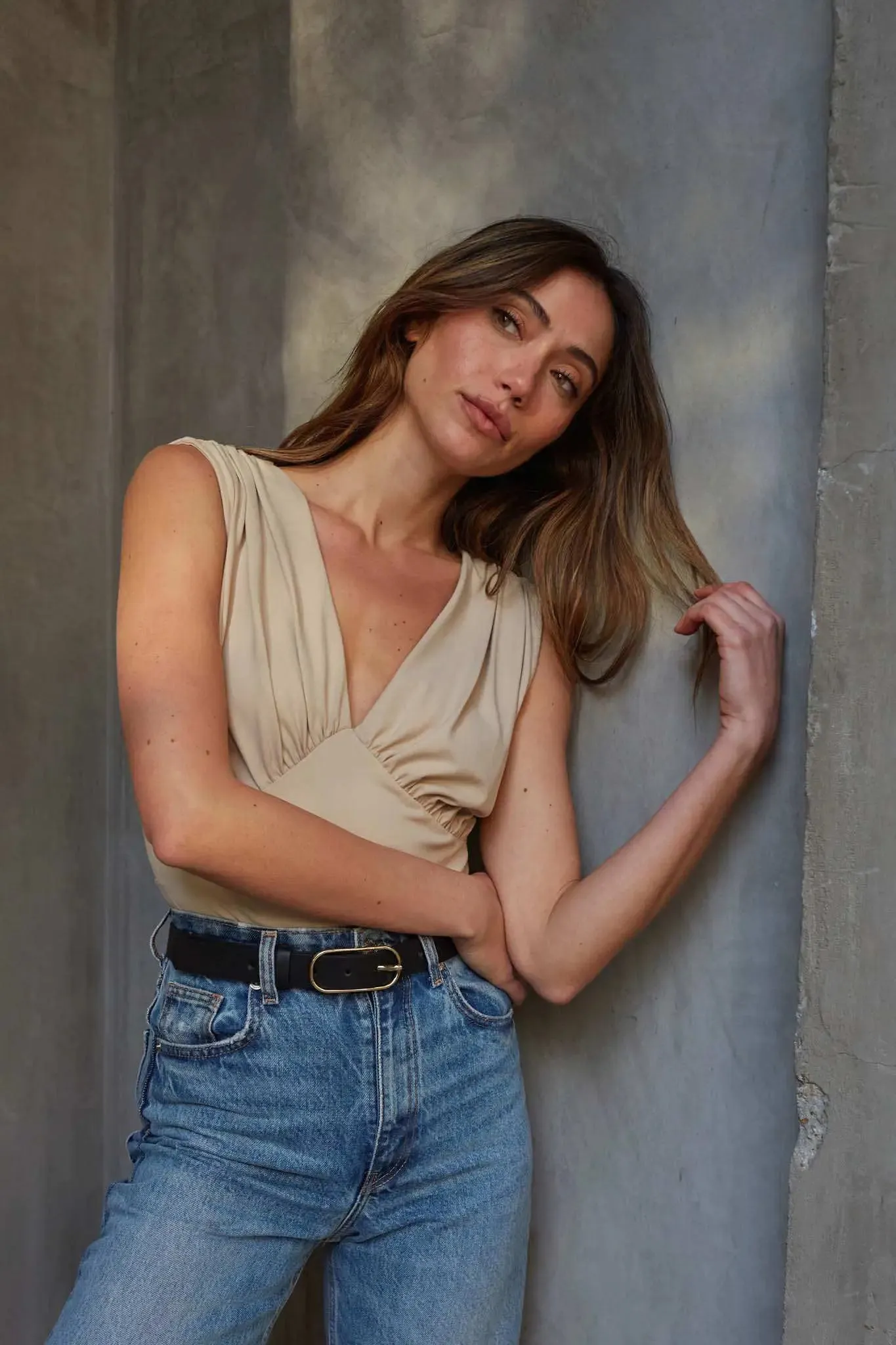 Lifted Fit Gathered Cap-Sleeve V-Neck Bodysuit sold by Promesa product image thumbnail 2