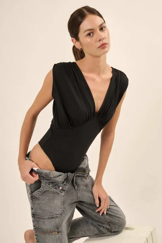 Lifted Fit Gathered Cap-Sleeve V-Neck Bodysuit sold by Promesa