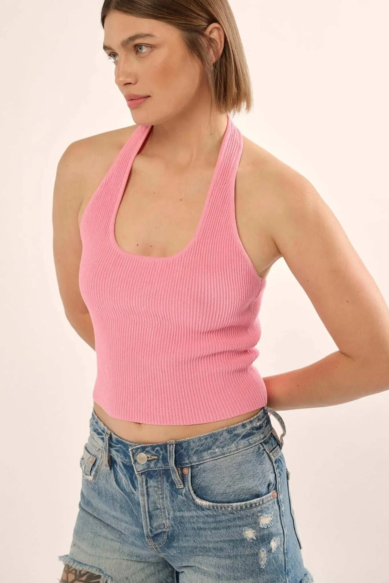 Shaper Fit Halter Rib-Knit Open-Back Tank Top sold by Promesa product image thumbnail 4