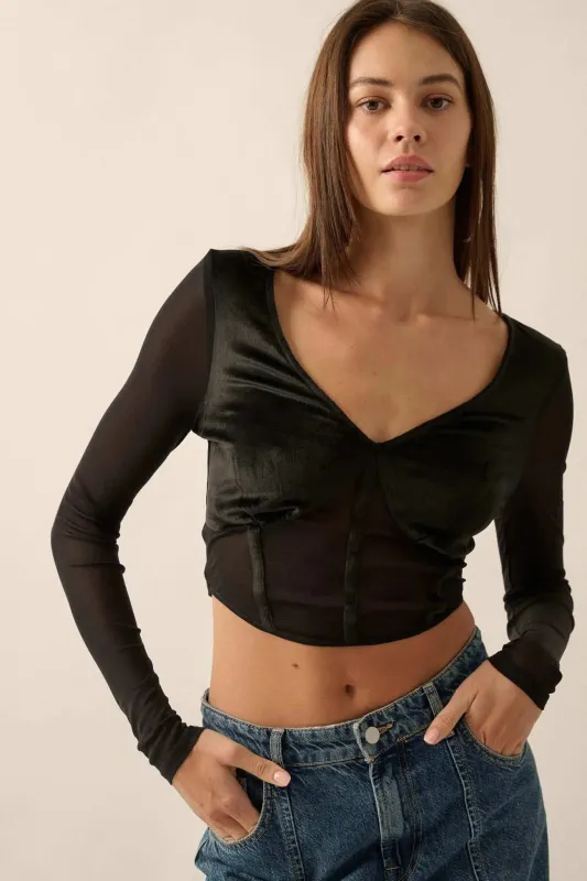 After Dark Velvet and Mesh Cropped Corset Top sold by Promesa
