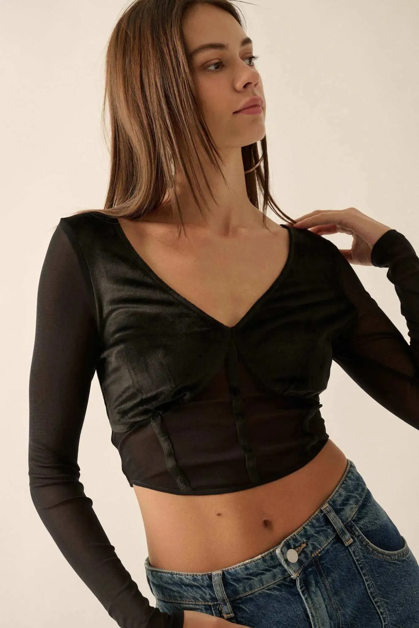 After Dark Velvet and Mesh Cropped Corset Top sold by Promesa product image thumbnail 5