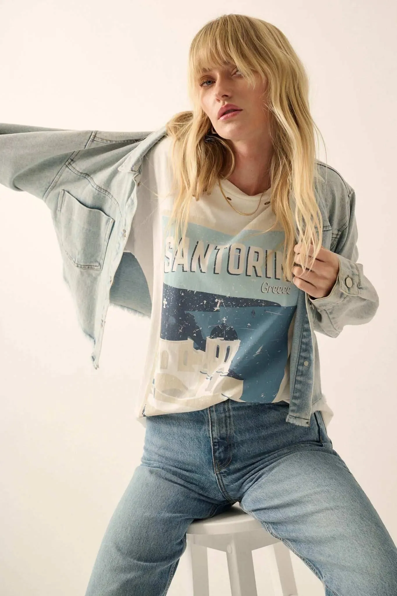 Santorini Travel Poster Distressed Graphic Tee sold by Promesa