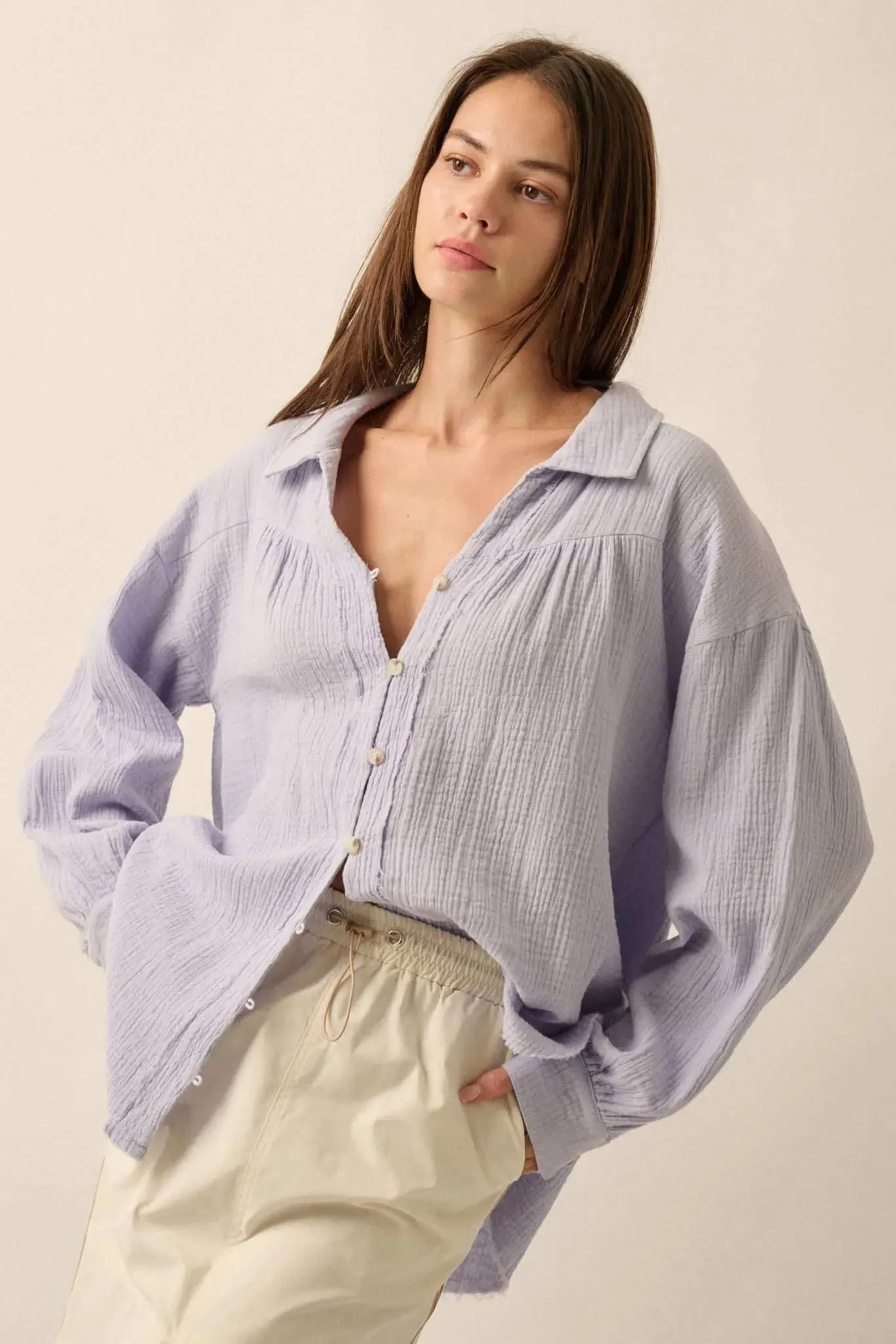 Wild Oats Crinkle Cotton Raw-Edge Button-Up Shirt sold by Promesa product image thumbnail 4