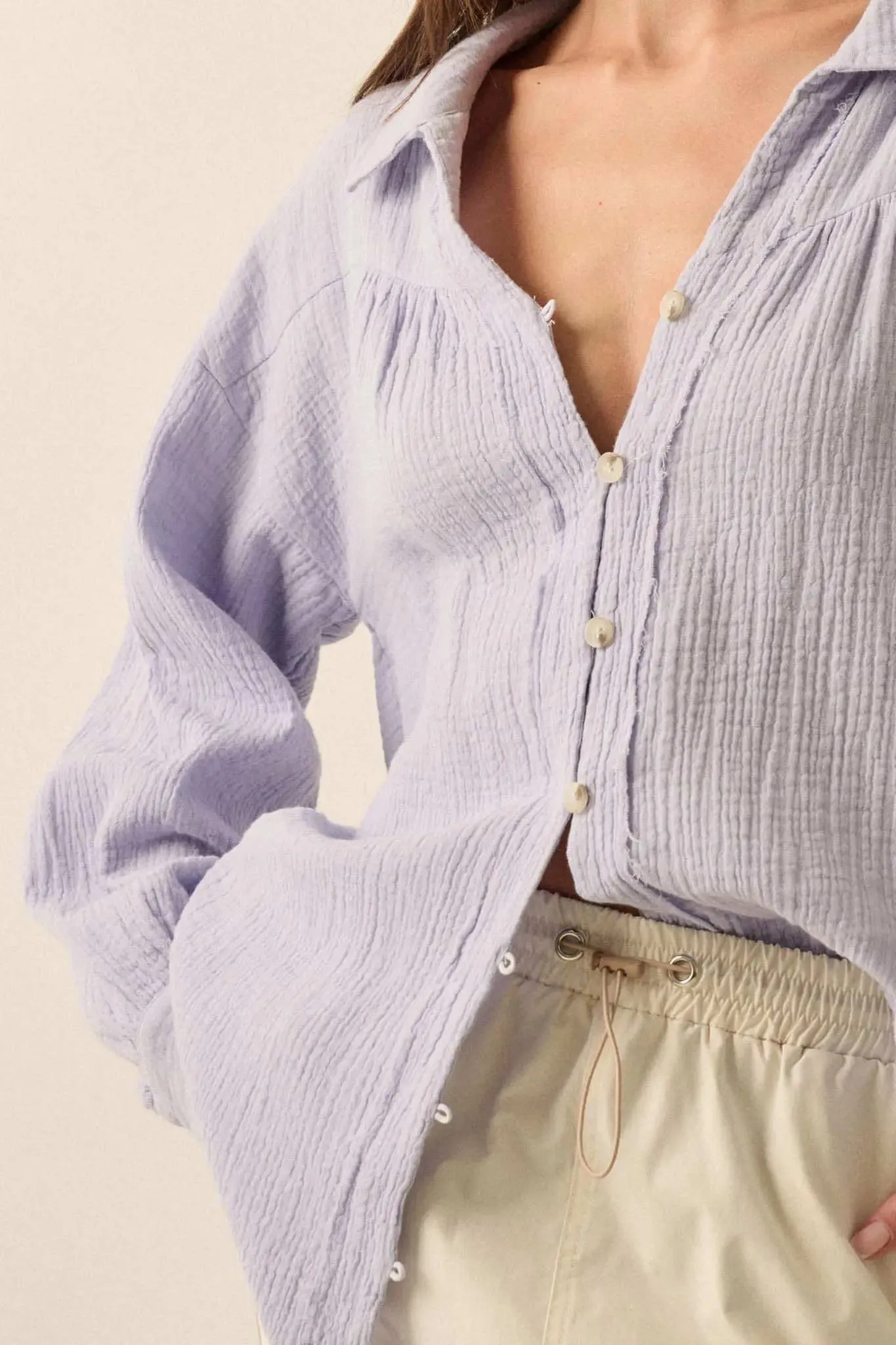 Wild Oats Crinkle Cotton Raw-Edge Button-Up Shirt sold by Promesa product image thumbnail 2