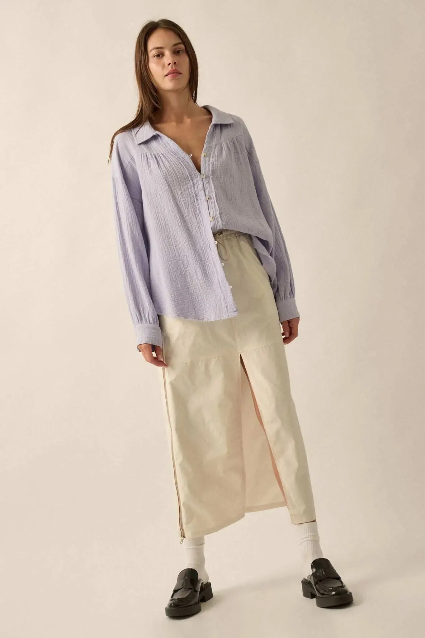 Wild Oats Crinkle Cotton Raw-Edge Button-Up Shirt sold by Promesa product image thumbnail 3