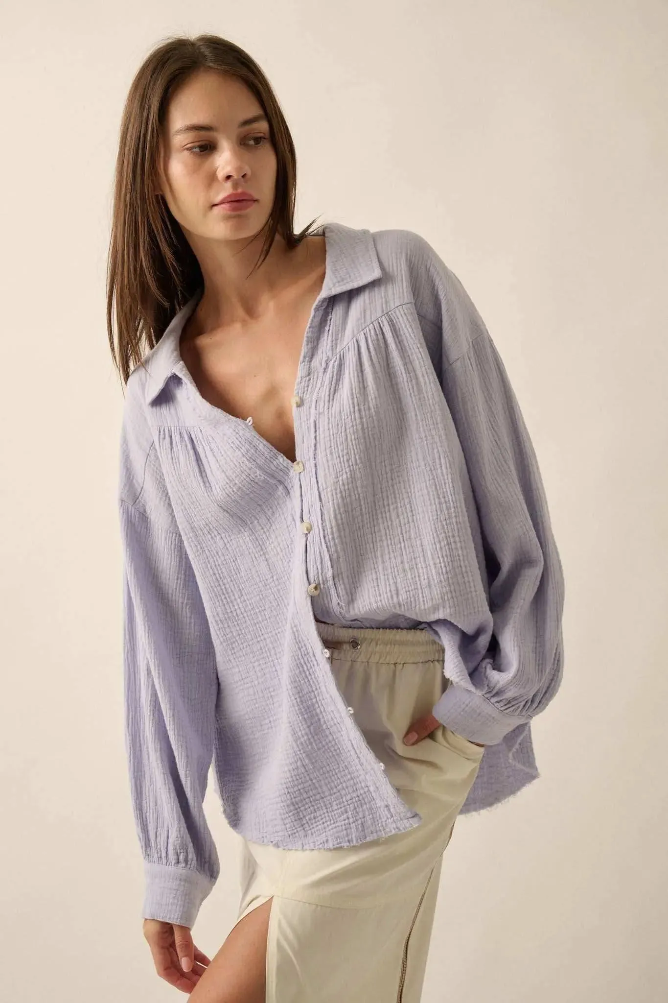 Wild Oats Crinkle Cotton Raw-Edge Button-Up Shirt sold by Promesa