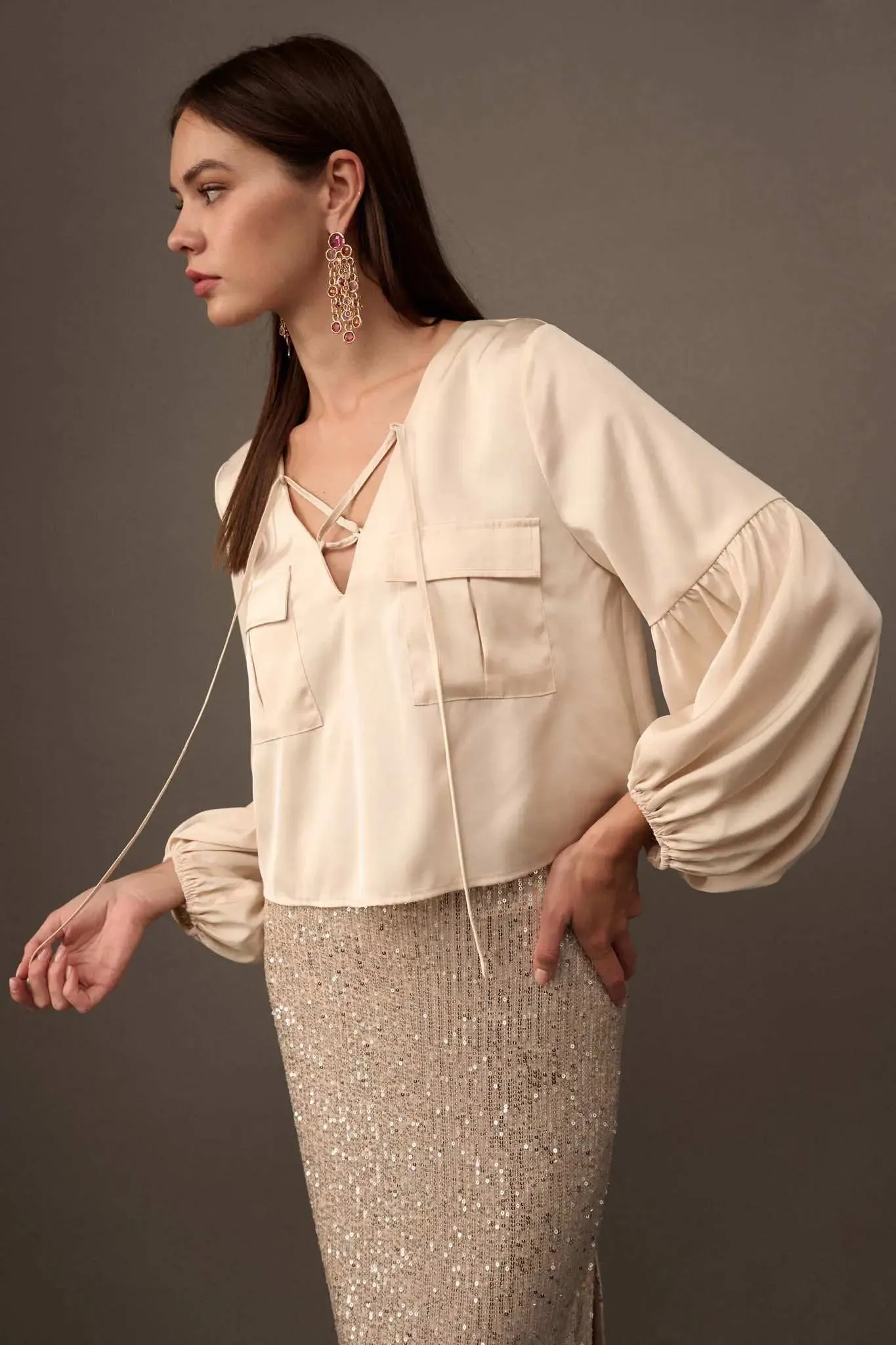 Touch of Silk Matte Satin Lace-Up Peasant Top sold by Promesa