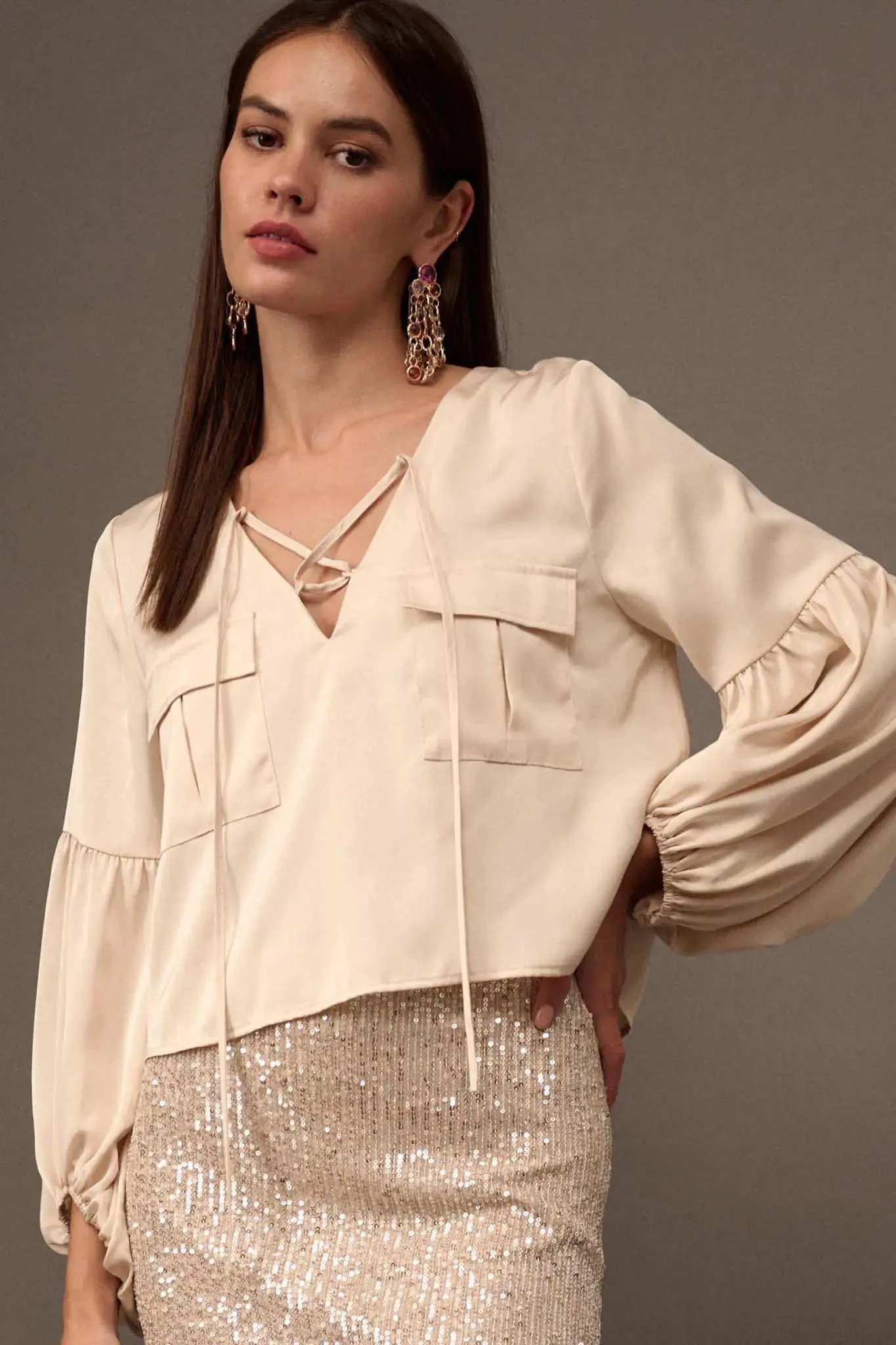 Touch of Silk Matte Satin Lace-Up Peasant Top sold by Promesa product image thumbnail 4