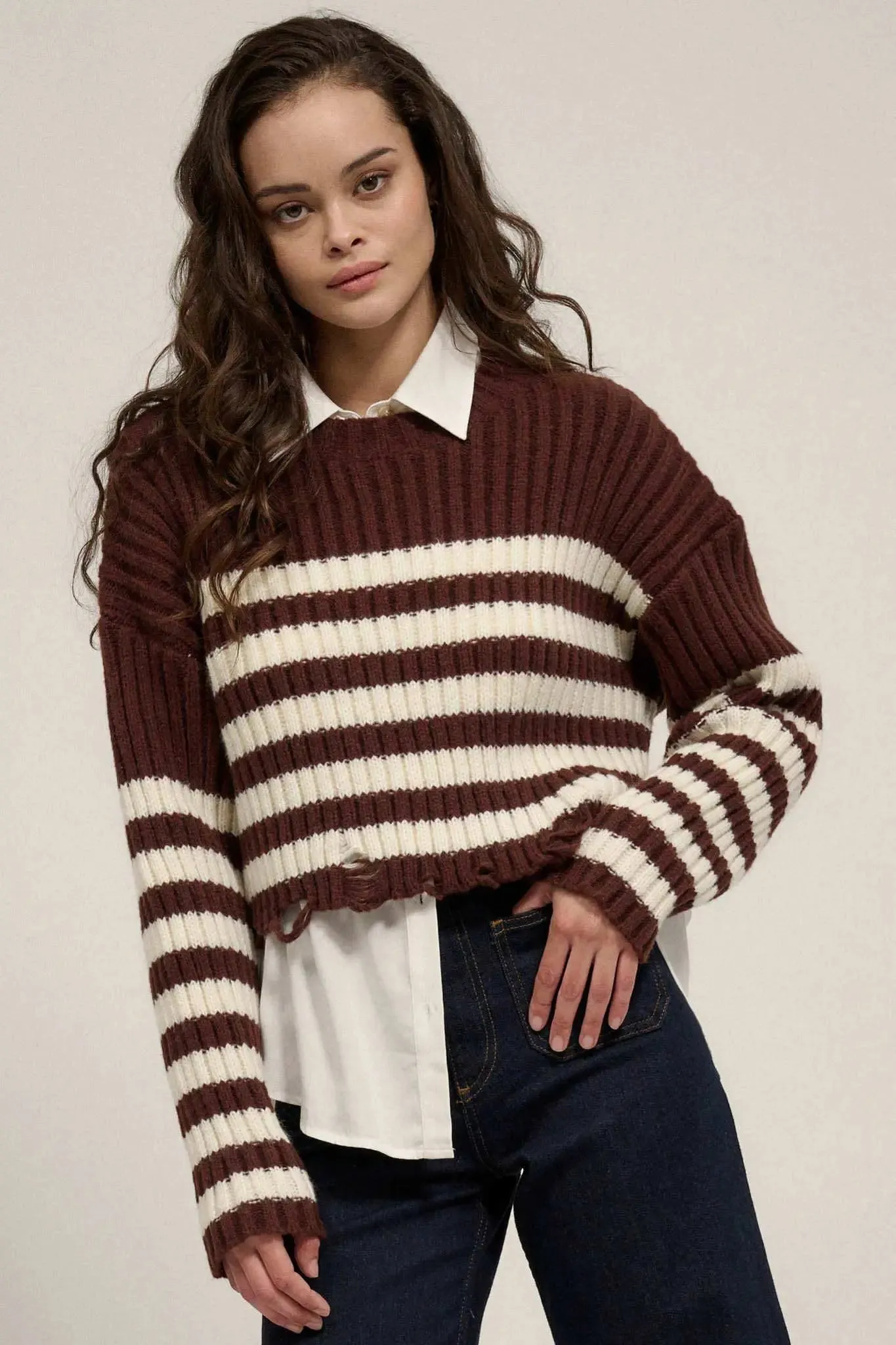 Ravel Rouser Striped Rib-Knit Distressed Sweater sold by Promesa