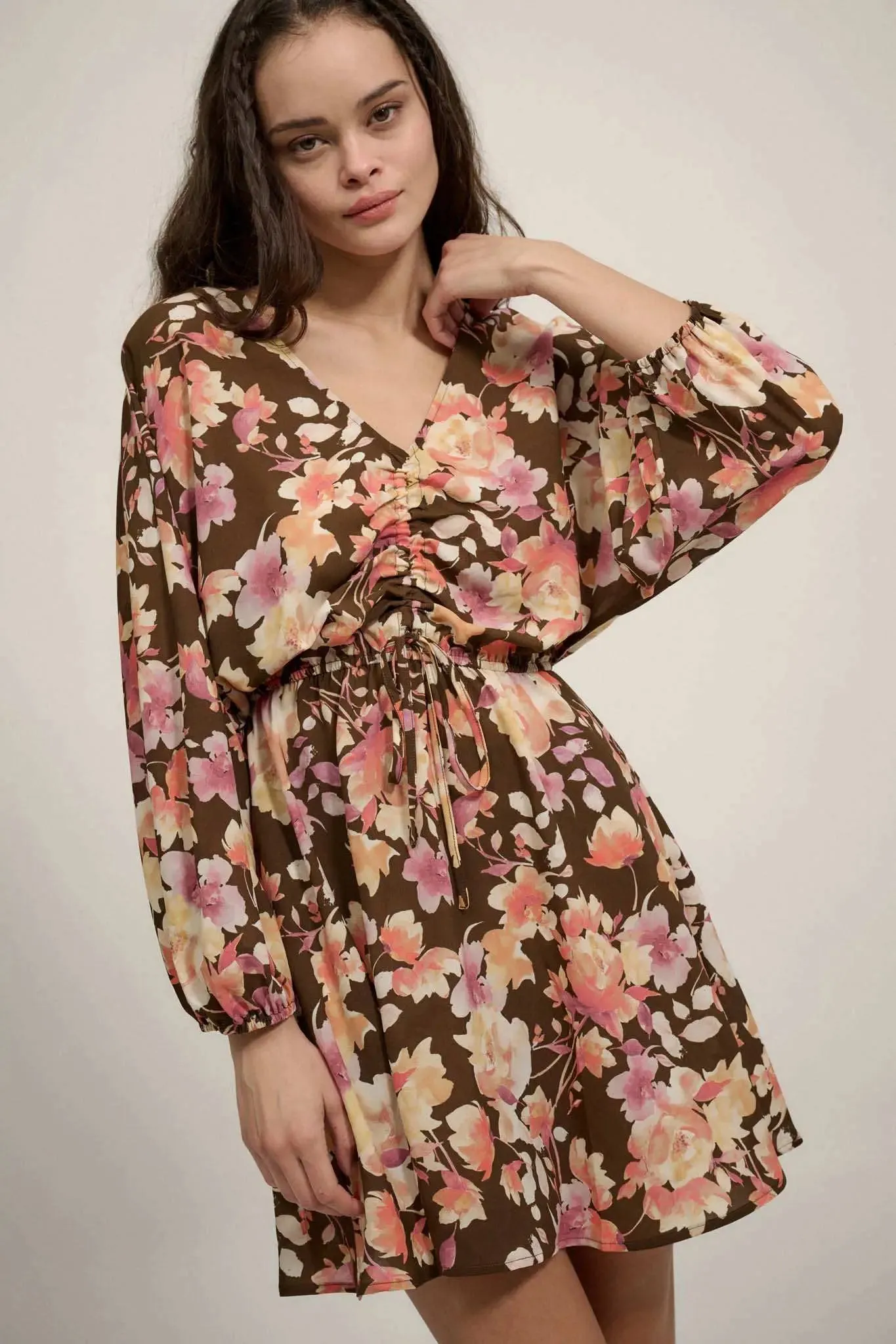 Sunset Garden Floral Ruched Drawstring Mini Dress sold by Promesa