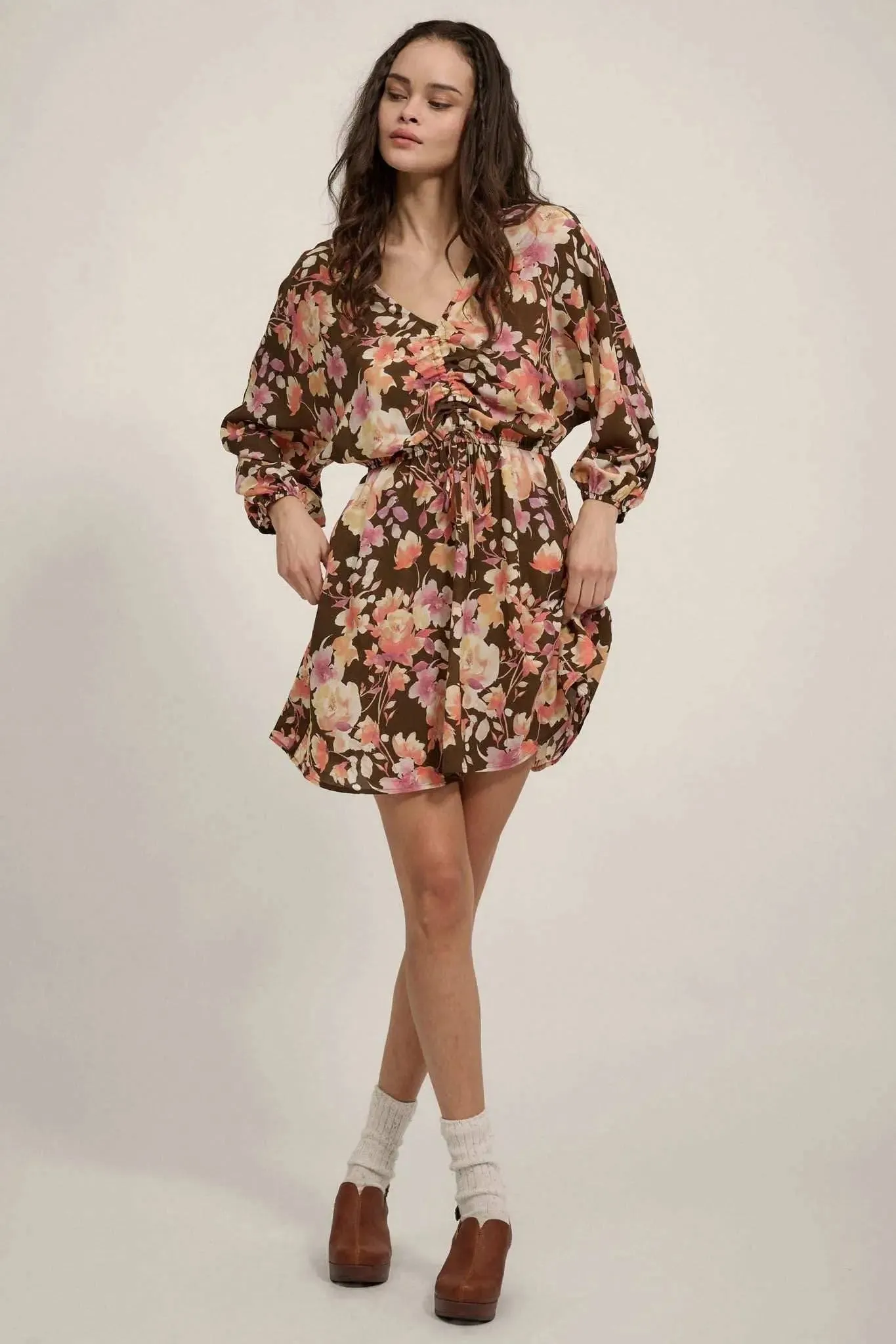 Sunset Garden Floral Ruched Drawstring Mini Dress sold by Promesa product image thumbnail 3