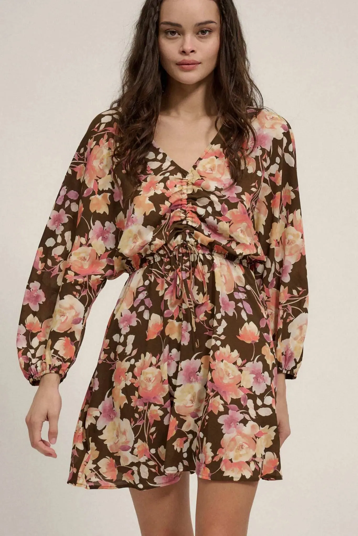 Sunset Garden Floral Ruched Drawstring Mini Dress sold by Promesa product image thumbnail 5