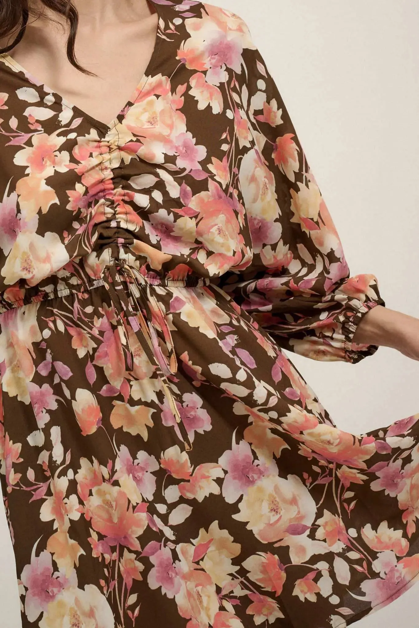 Sunset Garden Floral Ruched Drawstring Mini Dress sold by Promesa product image thumbnail 4