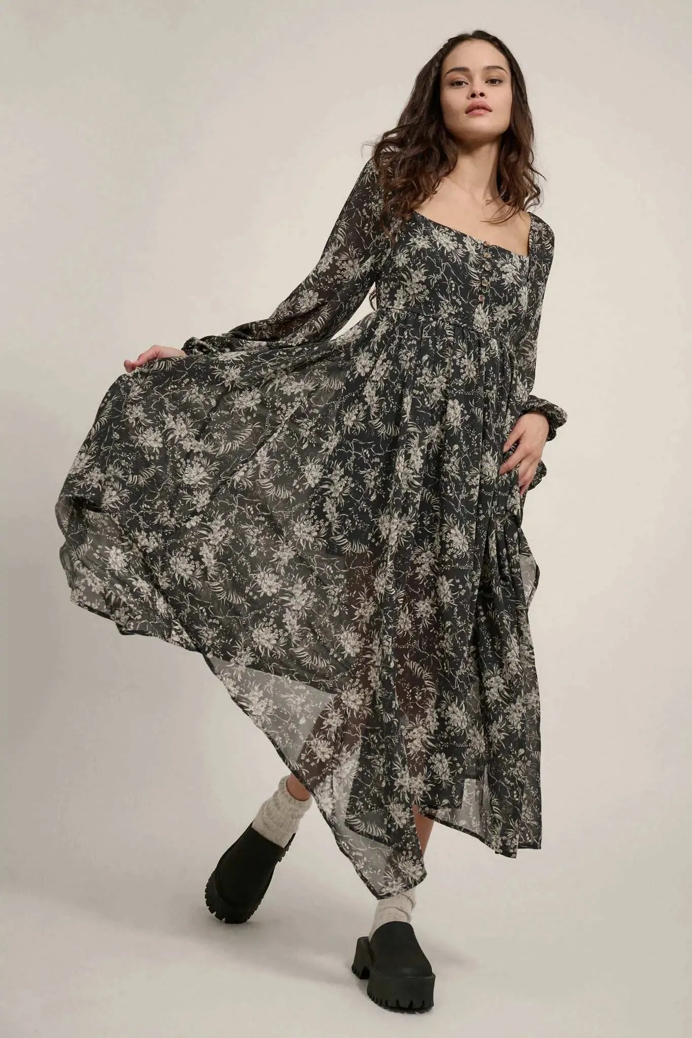 High Spirits Floral Chiffon Handkerchief Maxi Dress sold by Promesa