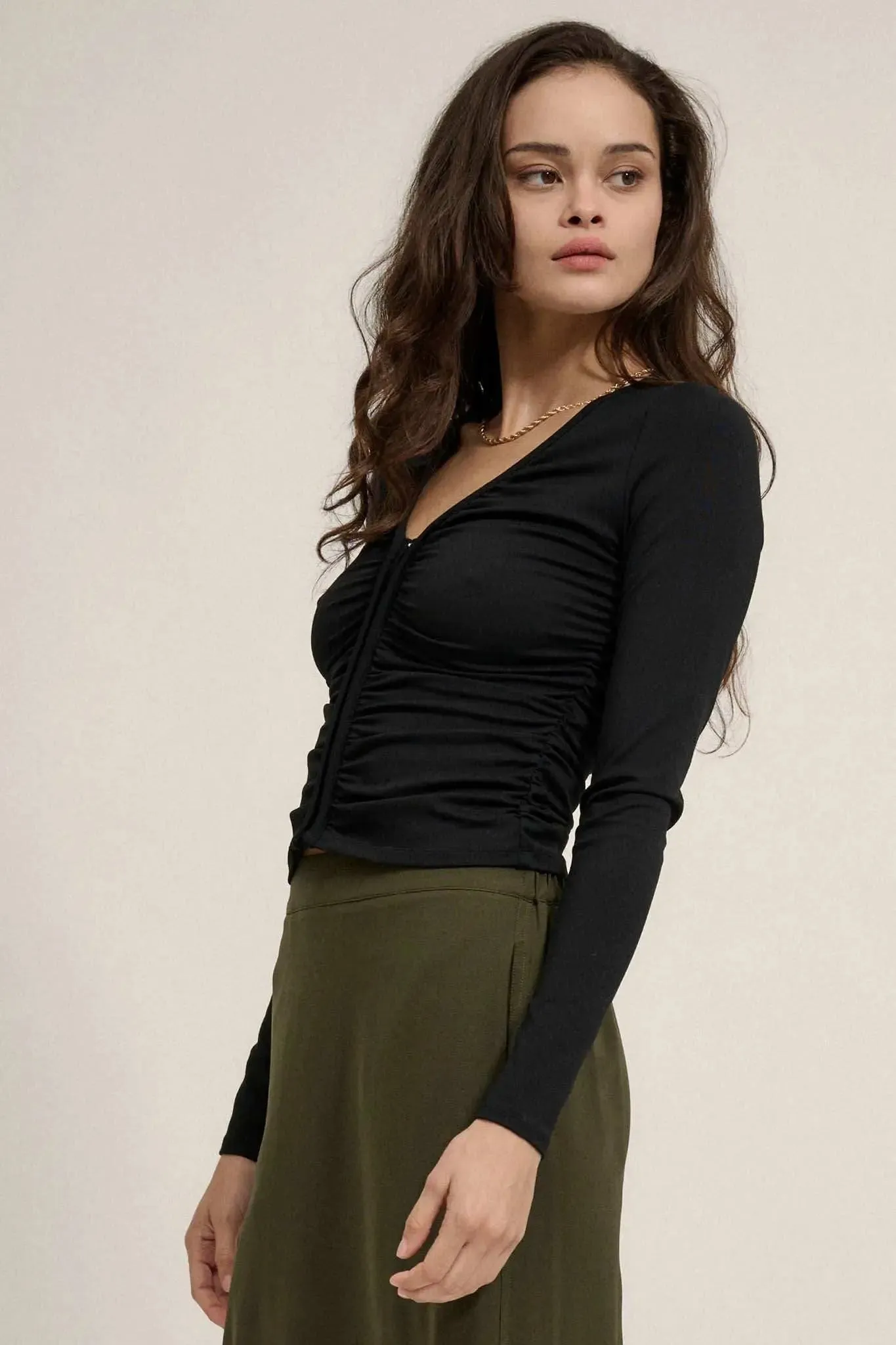 Lifted Fit Ruched Hook-Front Long-Sleeve Top sold by Promesa product image thumbnail 5