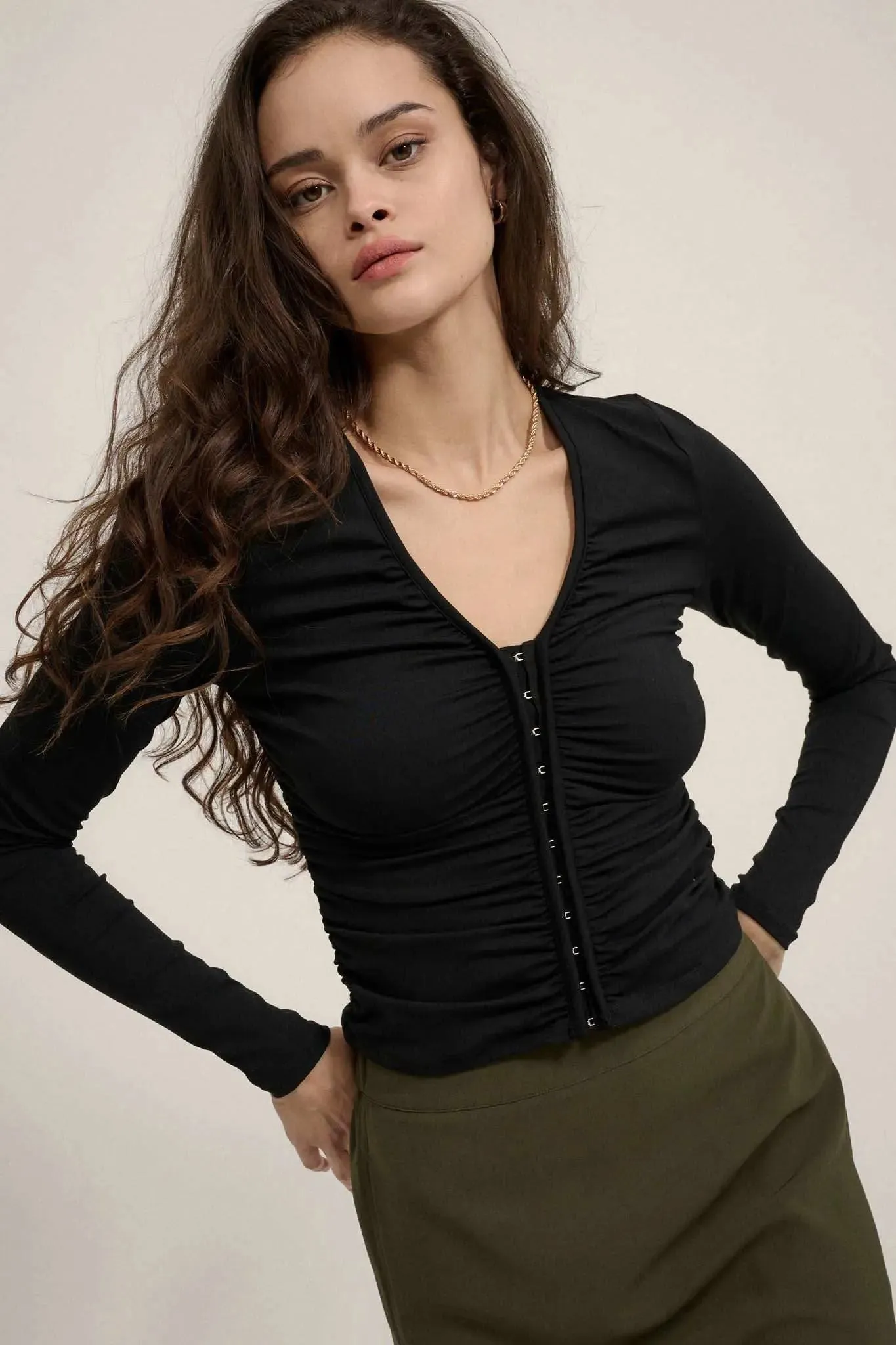 Lifted Fit Ruched Hook-Front Long-Sleeve Top sold by Promesa product image thumbnail 4