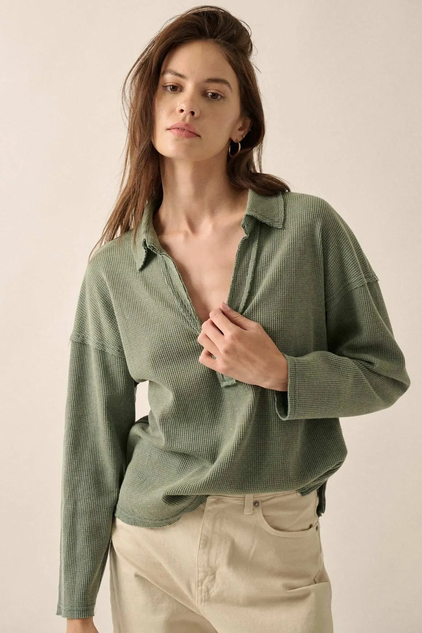 No Problemo Collared V-Neck Waffle-Knit Top sold by Promesa product image thumbnail 5