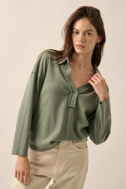 No Problemo Collared V-Neck Waffle-Knit Top sold by Promesa