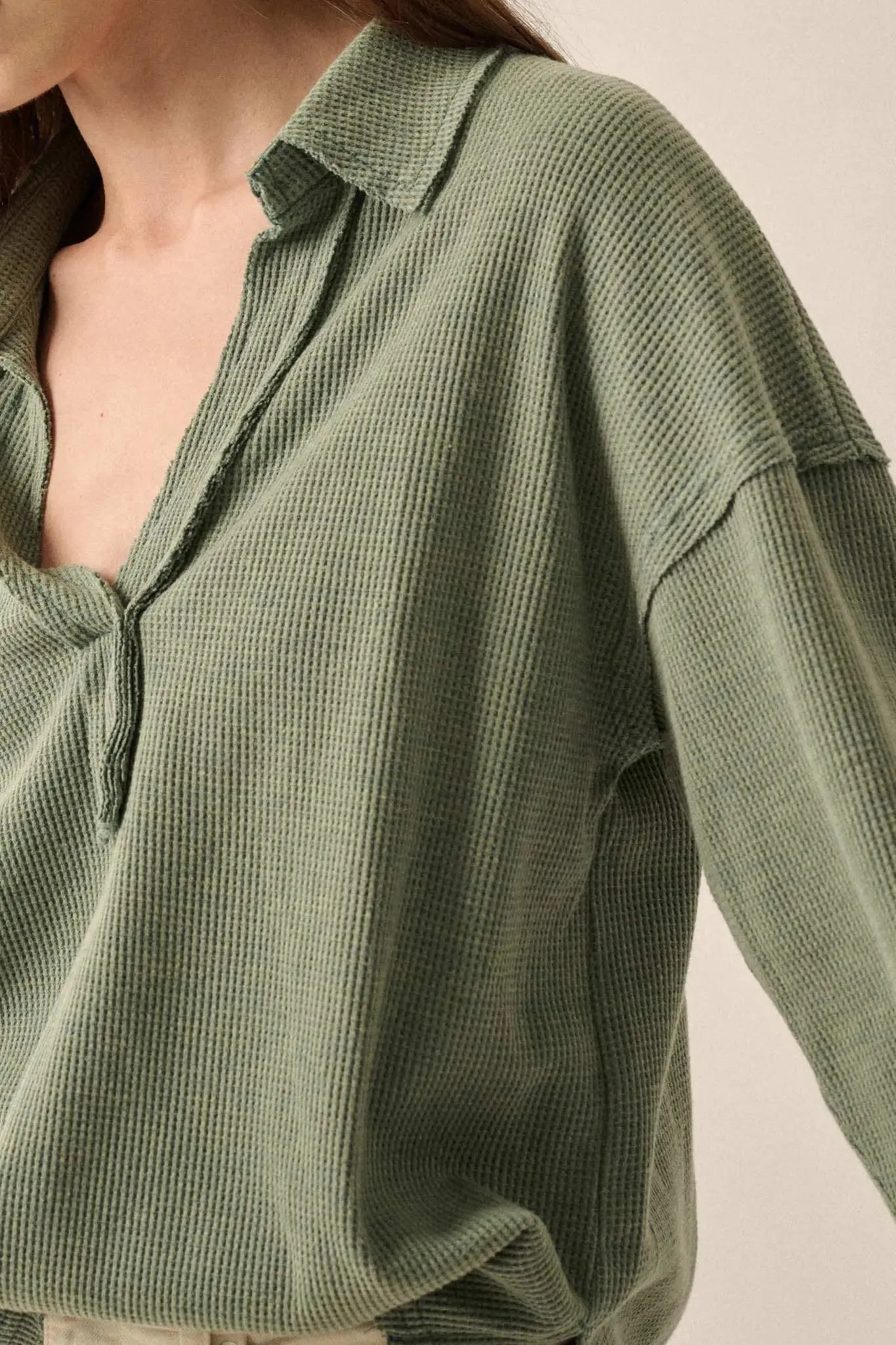 No Problemo Collared V-Neck Waffle-Knit Top sold by Promesa product image thumbnail 4