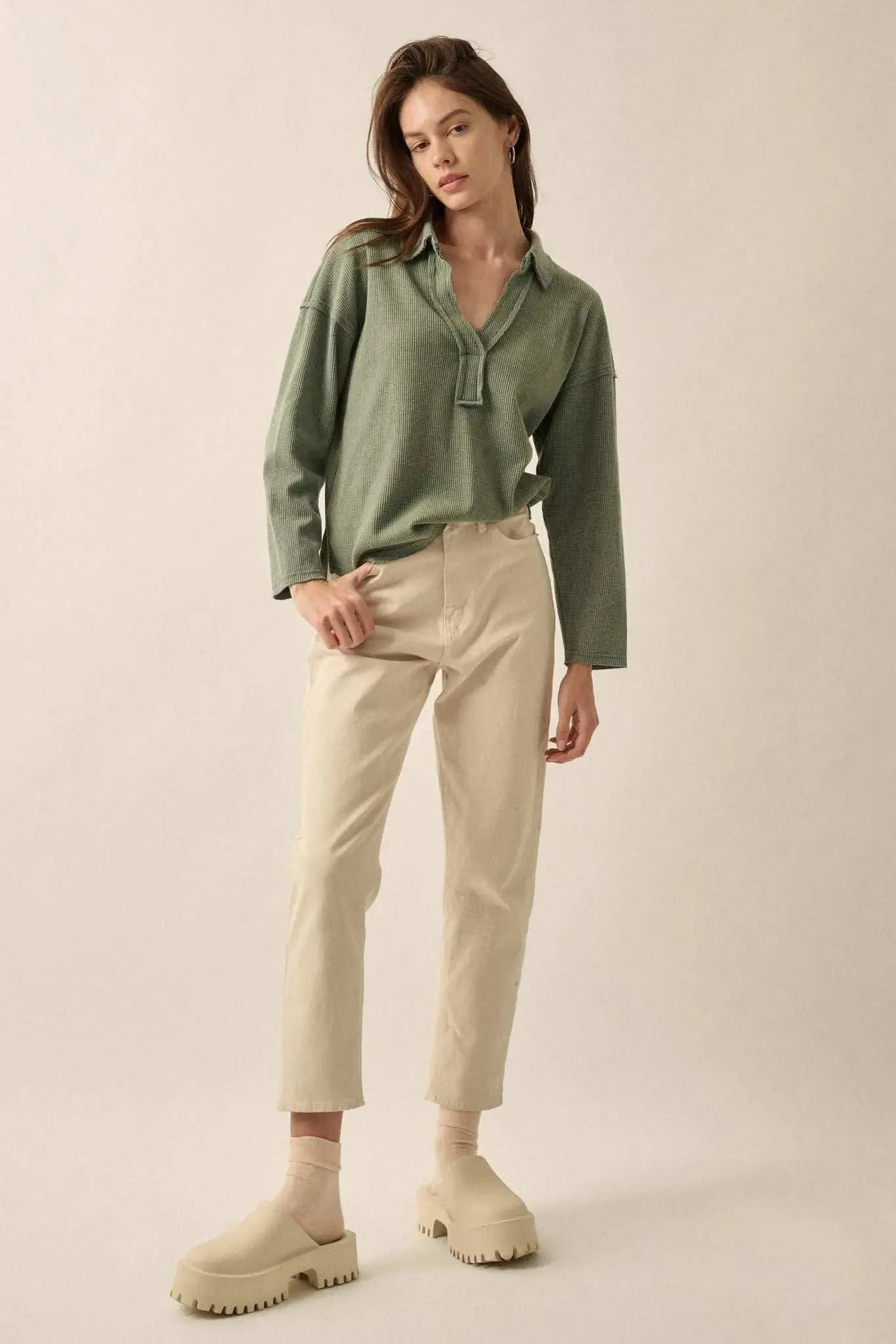 No Problemo Collared V-Neck Waffle-Knit Top sold by Promesa product image thumbnail 3