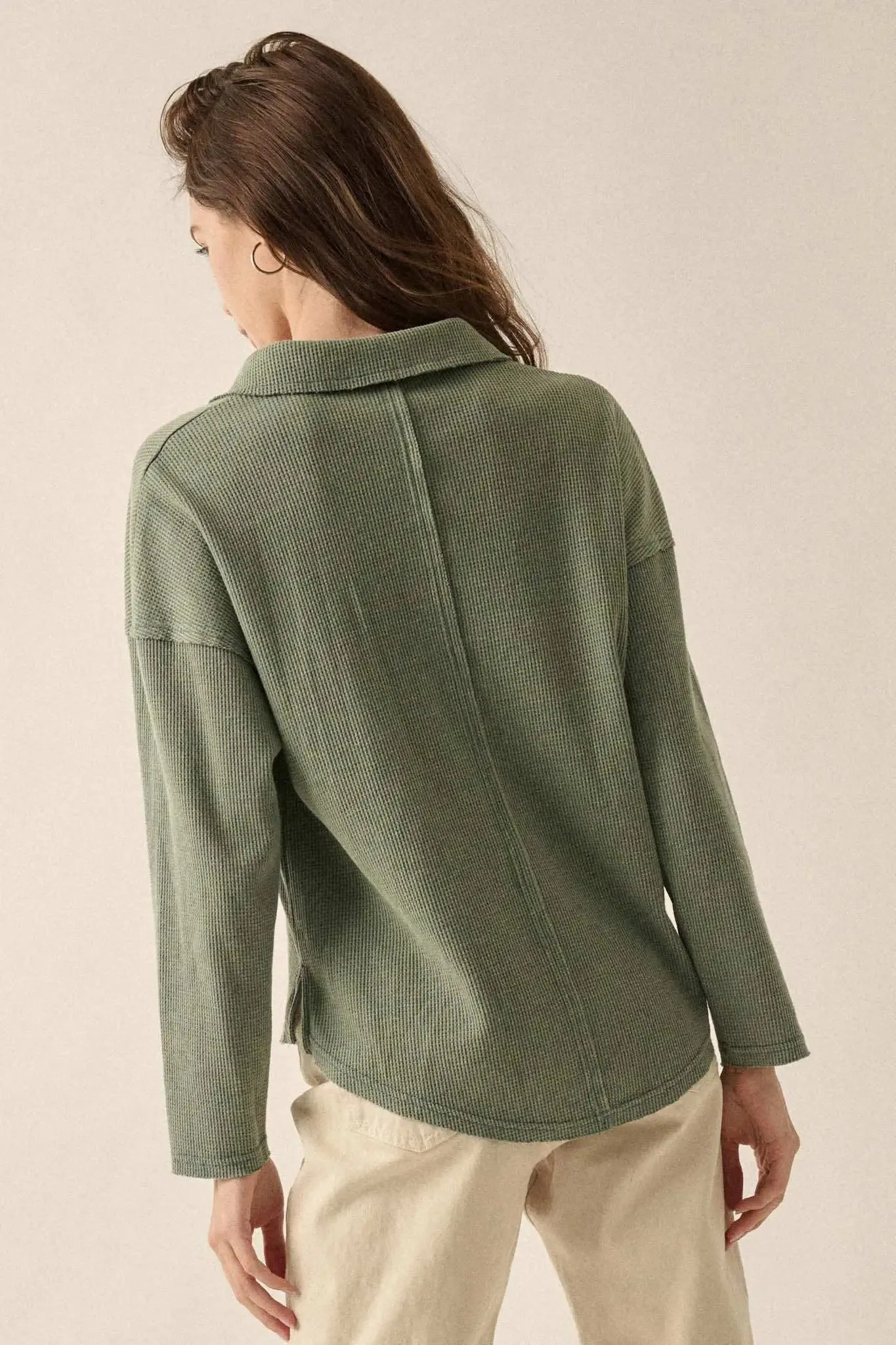 No Problemo Collared V-Neck Waffle-Knit Top sold by Promesa product image thumbnail 2