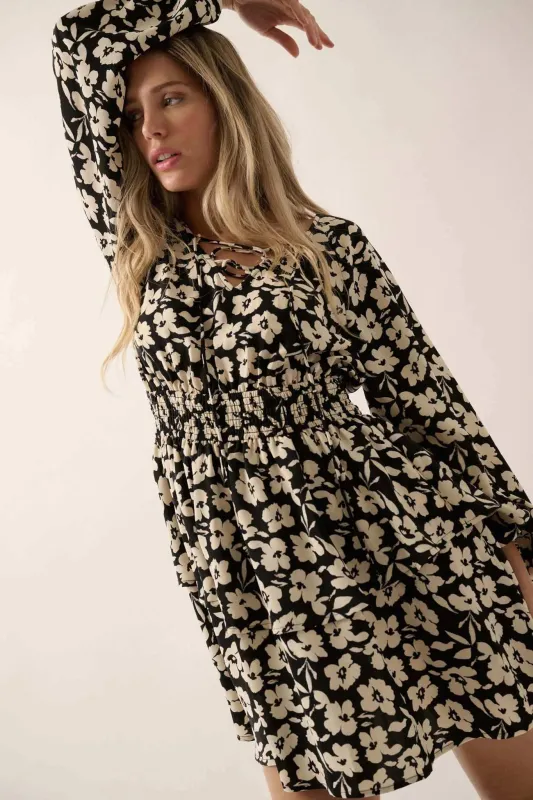 Monochrome Bloom Floral Lace-Up Tiered Mini Dress sold by Promesa
