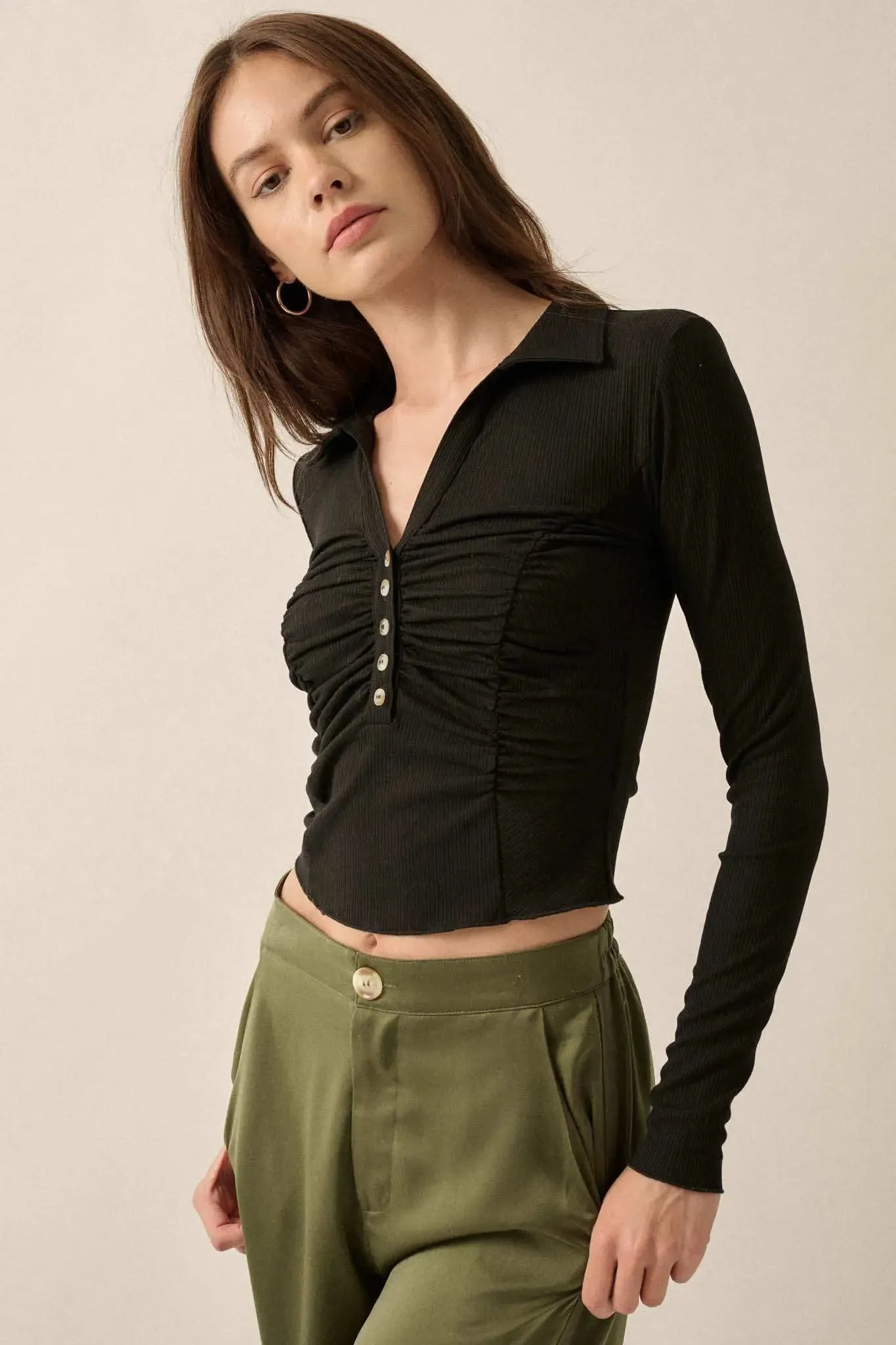 Promise the Label Rib-Knit Ruched Henley Top sold by Promesa