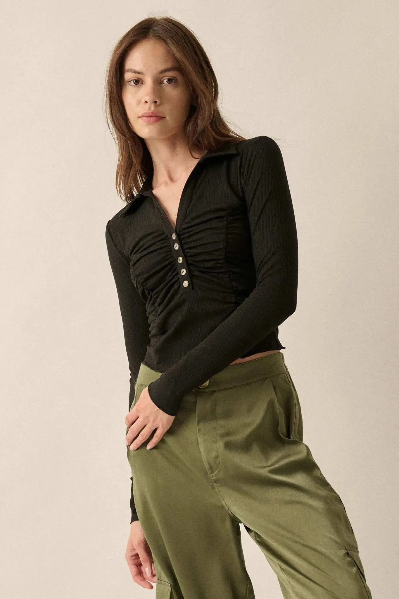 Promise the Label Rib-Knit Ruched Henley Top sold by Promesa product image thumbnail 5