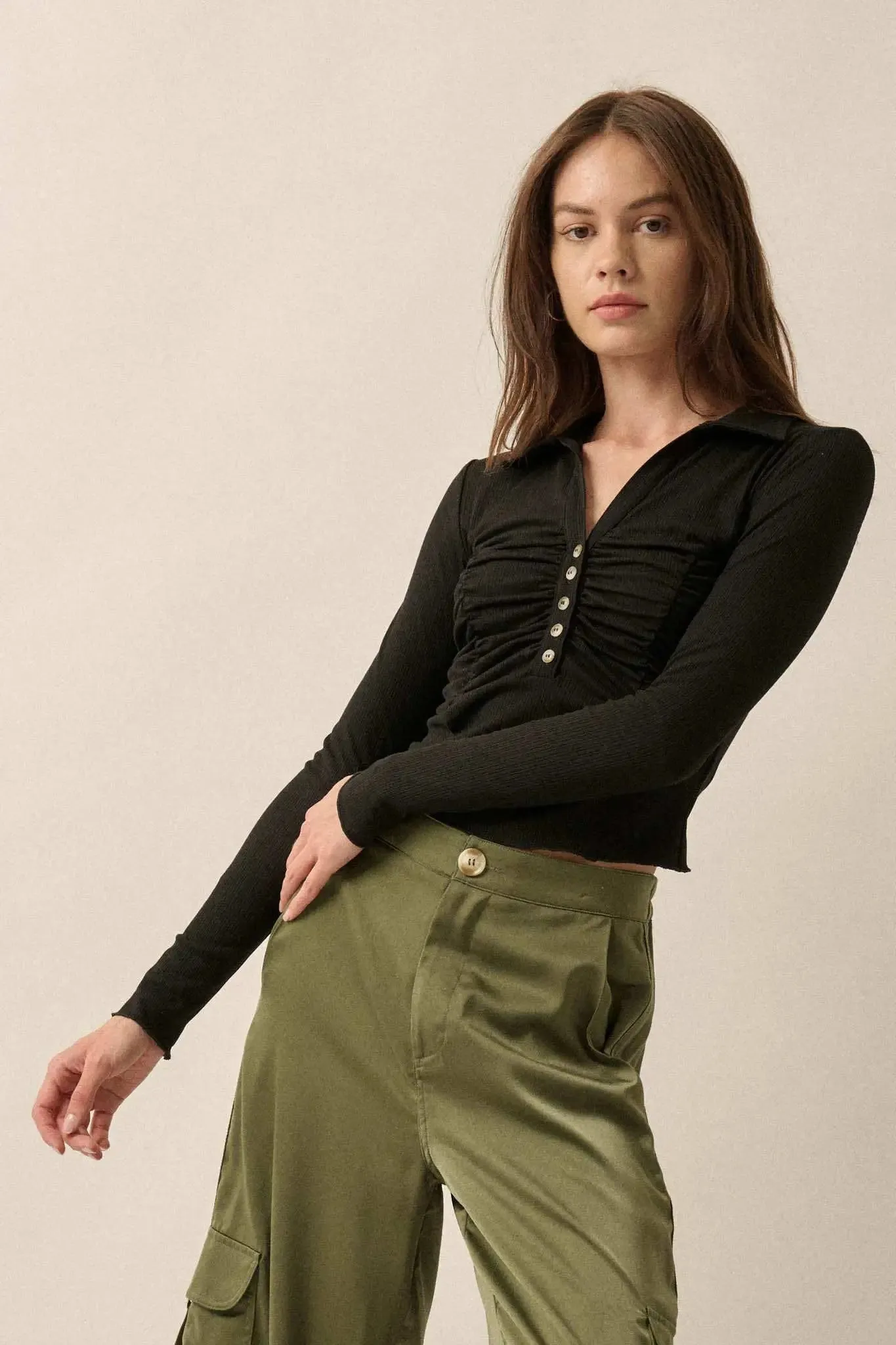 Promise the Label Rib-Knit Ruched Henley Top sold by Promesa product image thumbnail 3