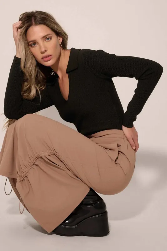 Shaper Fit Collared Long-Sleeve Rib-Knit Top sold by Promesa