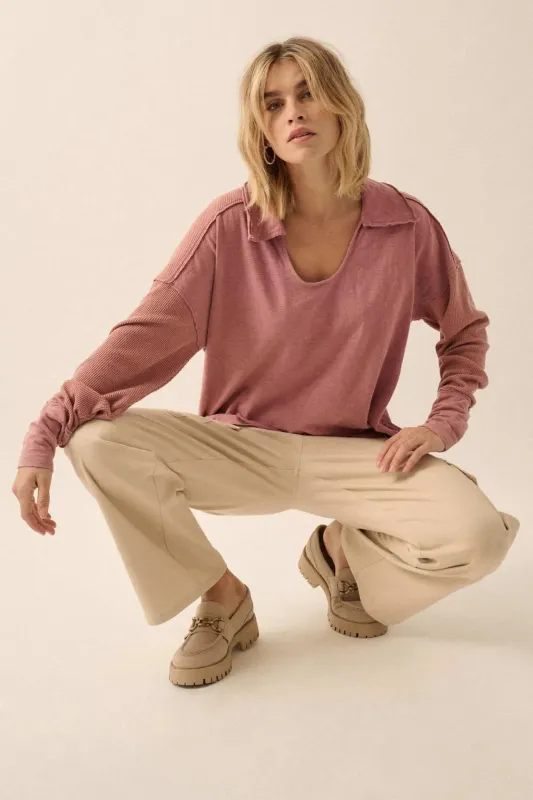 Free Your Mind Mixed Media Collared Waffle Top sold by Promesa