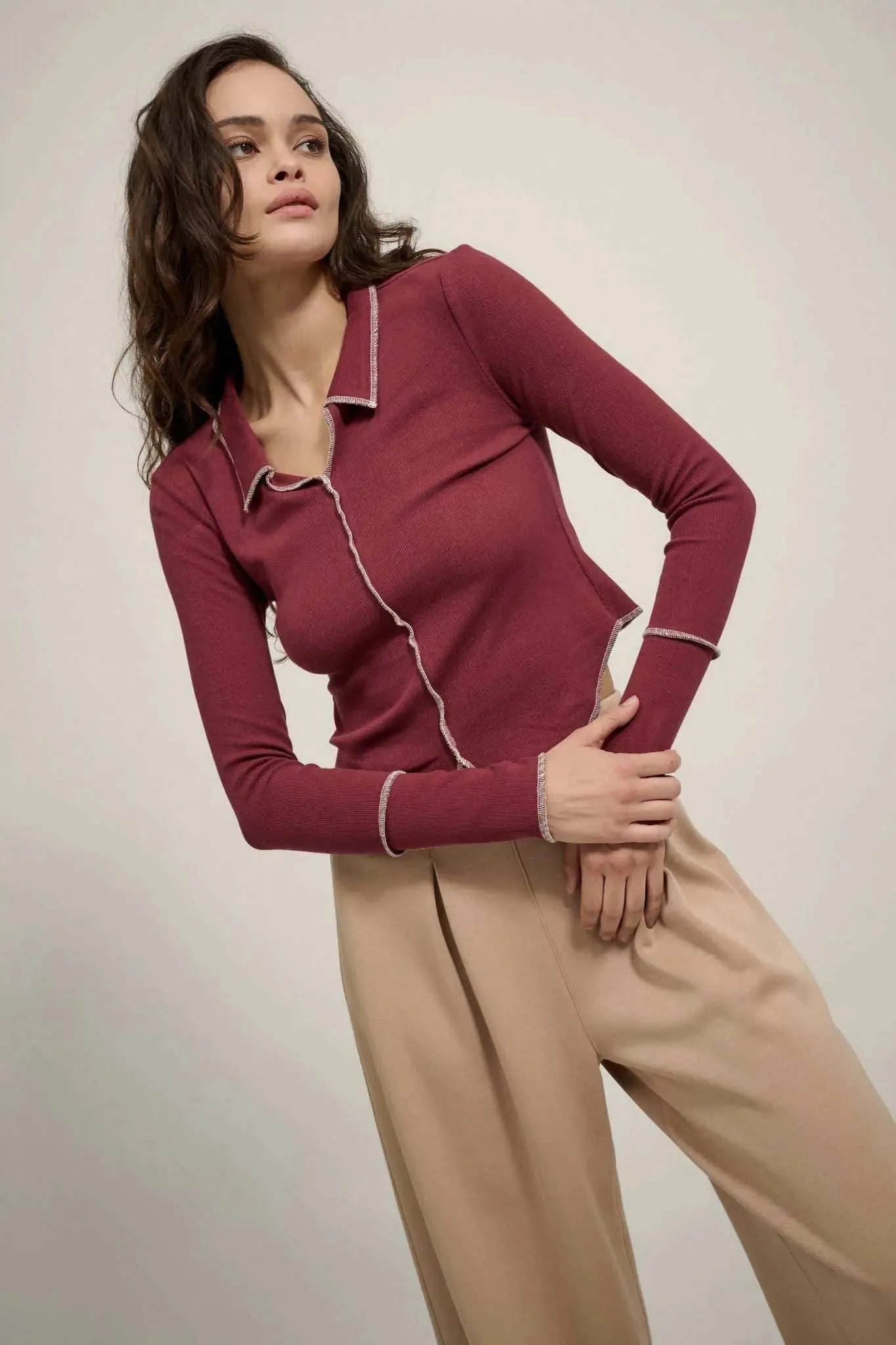 Sew Into You Contrast Stitch Collared Rib-Knit Top sold by Promesa