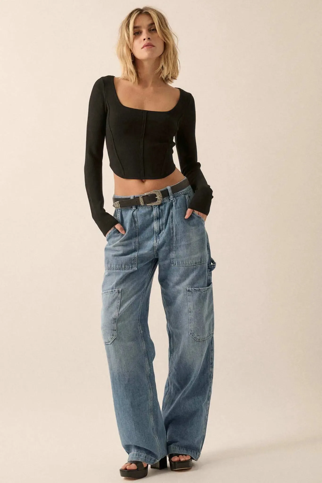 Shaper Fit Rib-Knit Cropped Long-Sleeve Corset Top sold by Promesa product image thumbnail 5