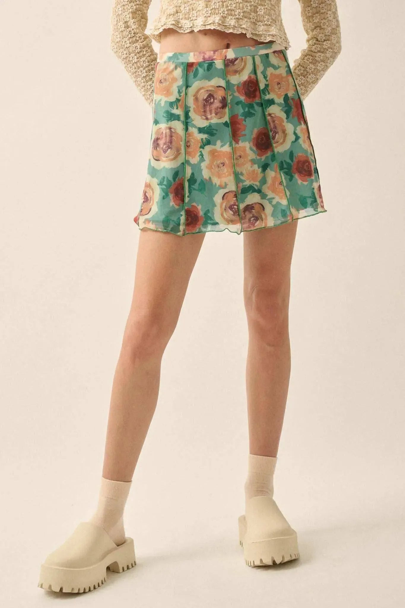 Rose Parade Floral Mesh Exposed-Seam Mini Skirt sold by Promesa product image thumbnail 4