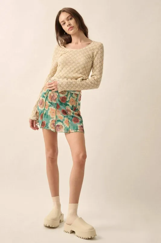 Rose Parade Floral Mesh Exposed-Seam Mini Skirt sold by Promesa