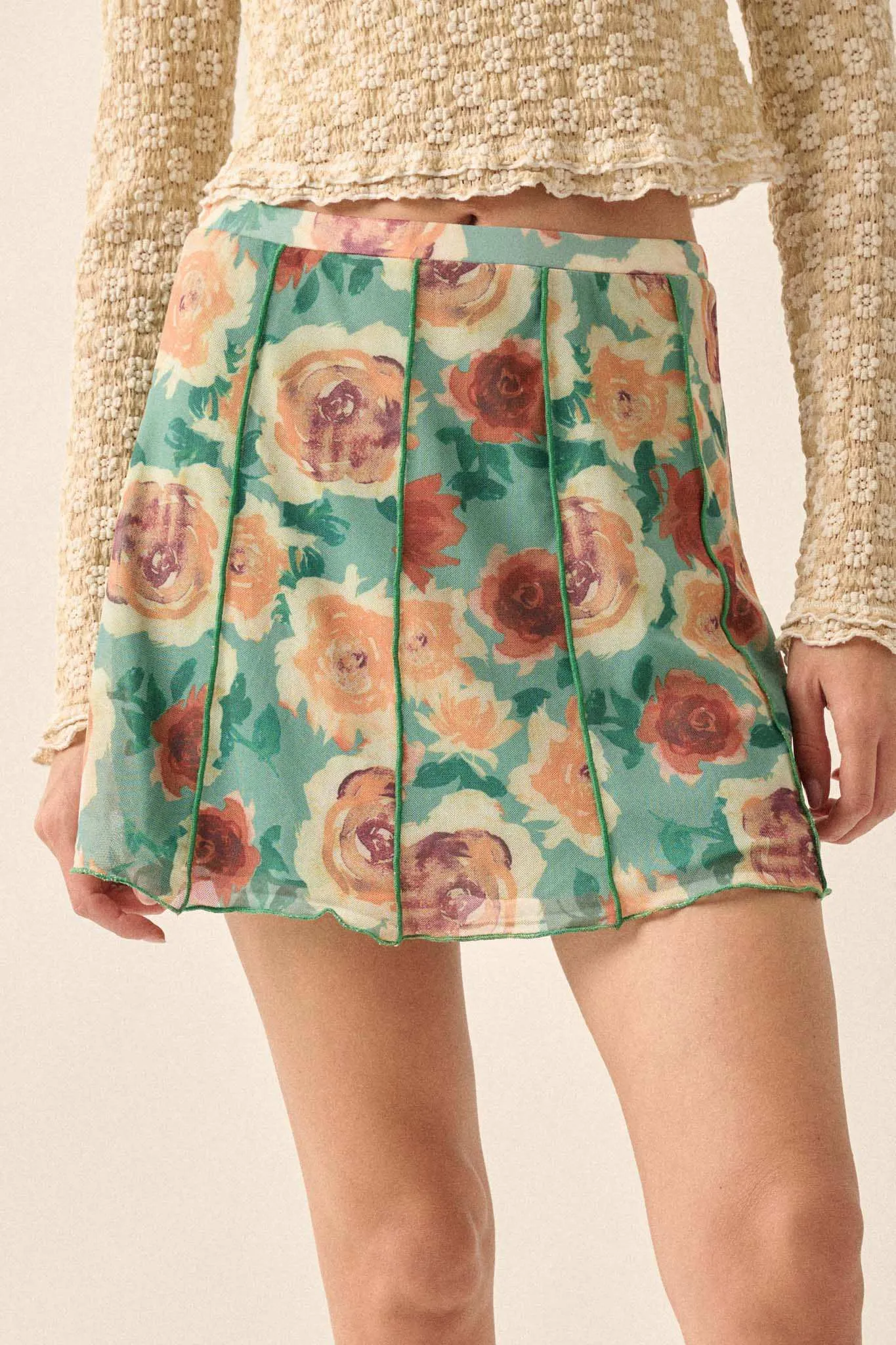 Rose Parade Floral Mesh Exposed-Seam Mini Skirt sold by Promesa product image thumbnail 2