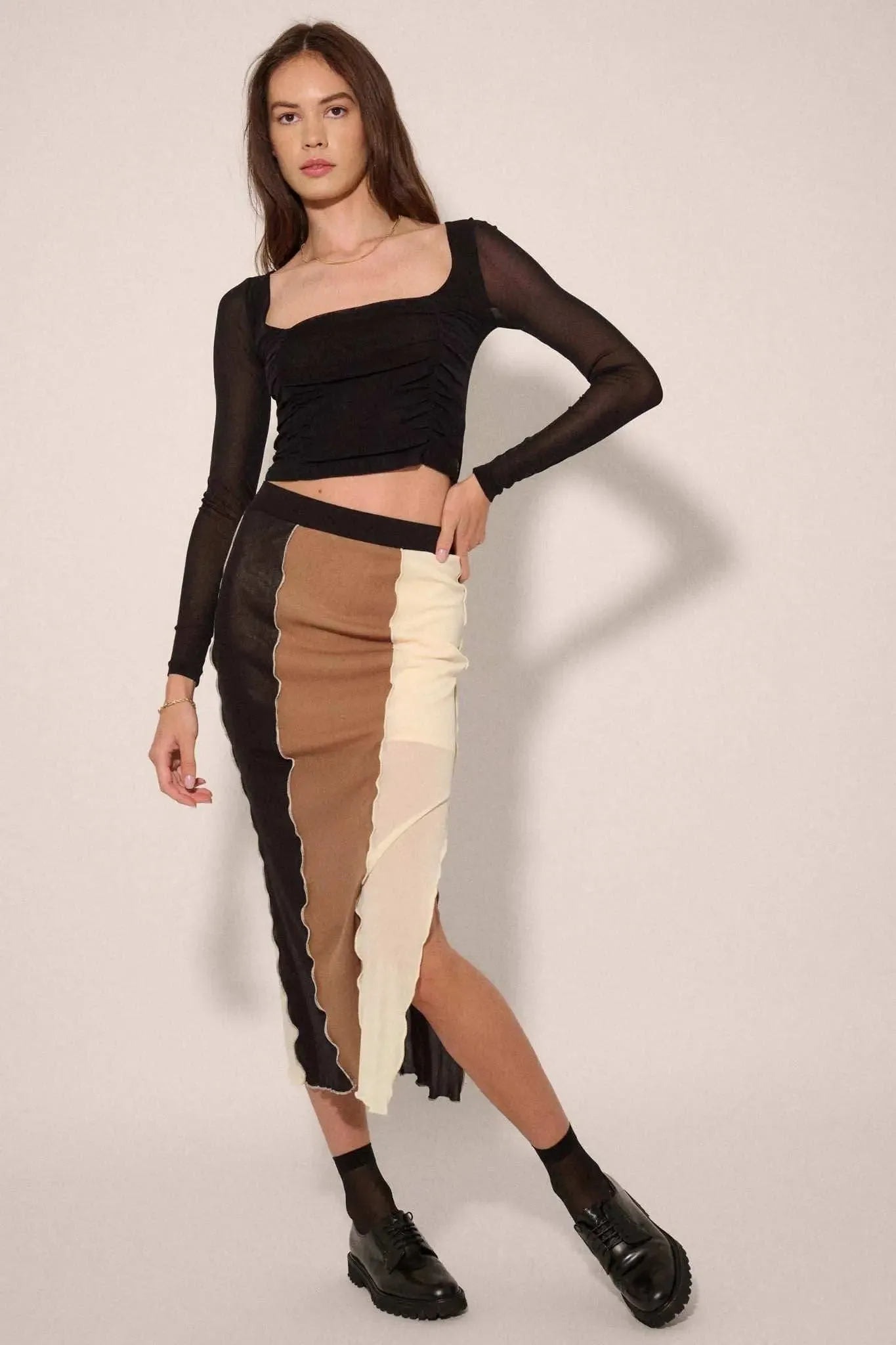Neutral Territory Colorblock Mesh Midi Skirt sold by Promesa
