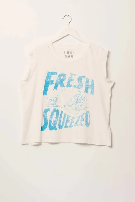 Fresh Squeezed Vintage-Print Sleeveless Graphic Tee sold by Promesa