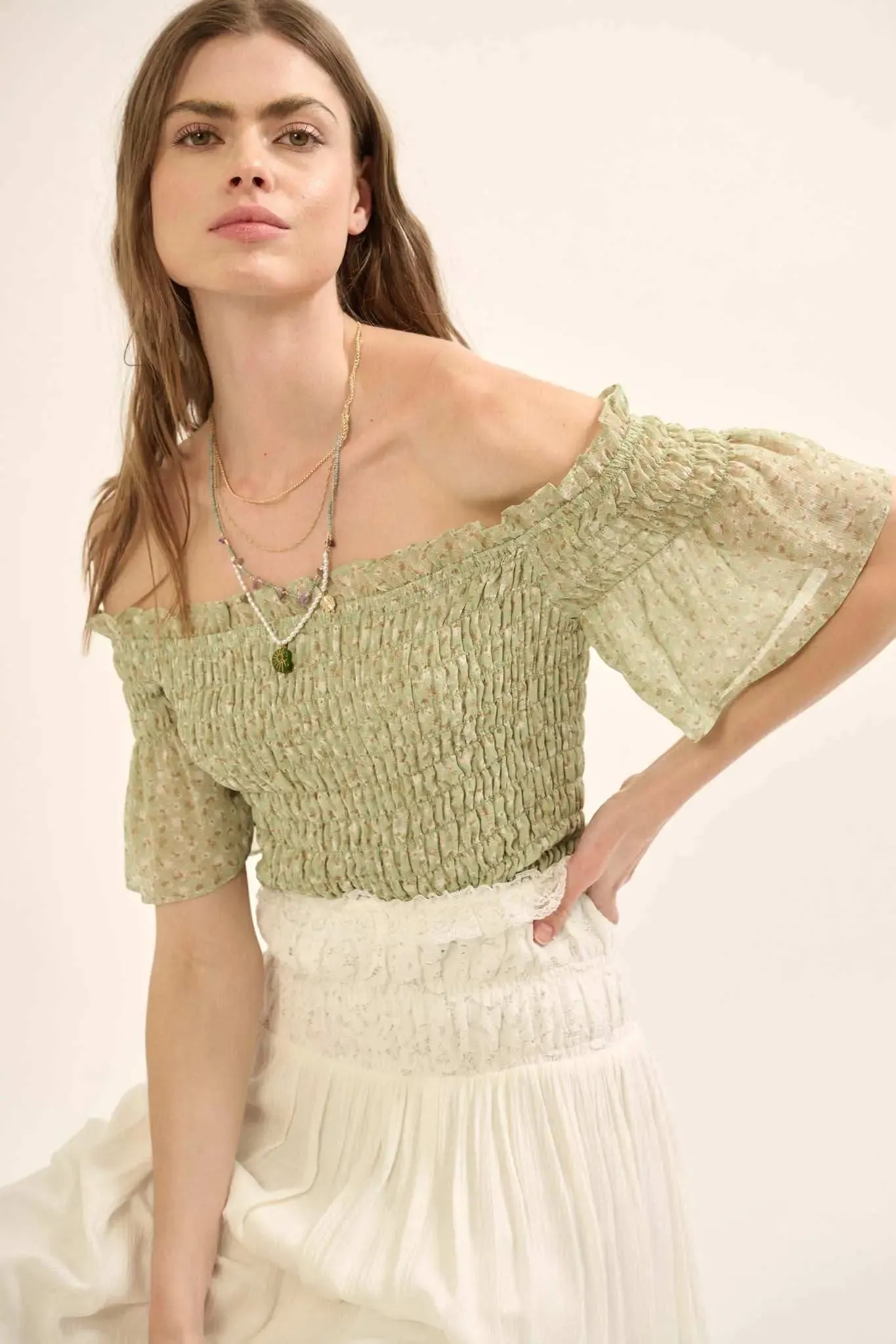 Sunlit Glade Smocked Floral Off-Shoulder Top sold by Promesa product image thumbnail 3