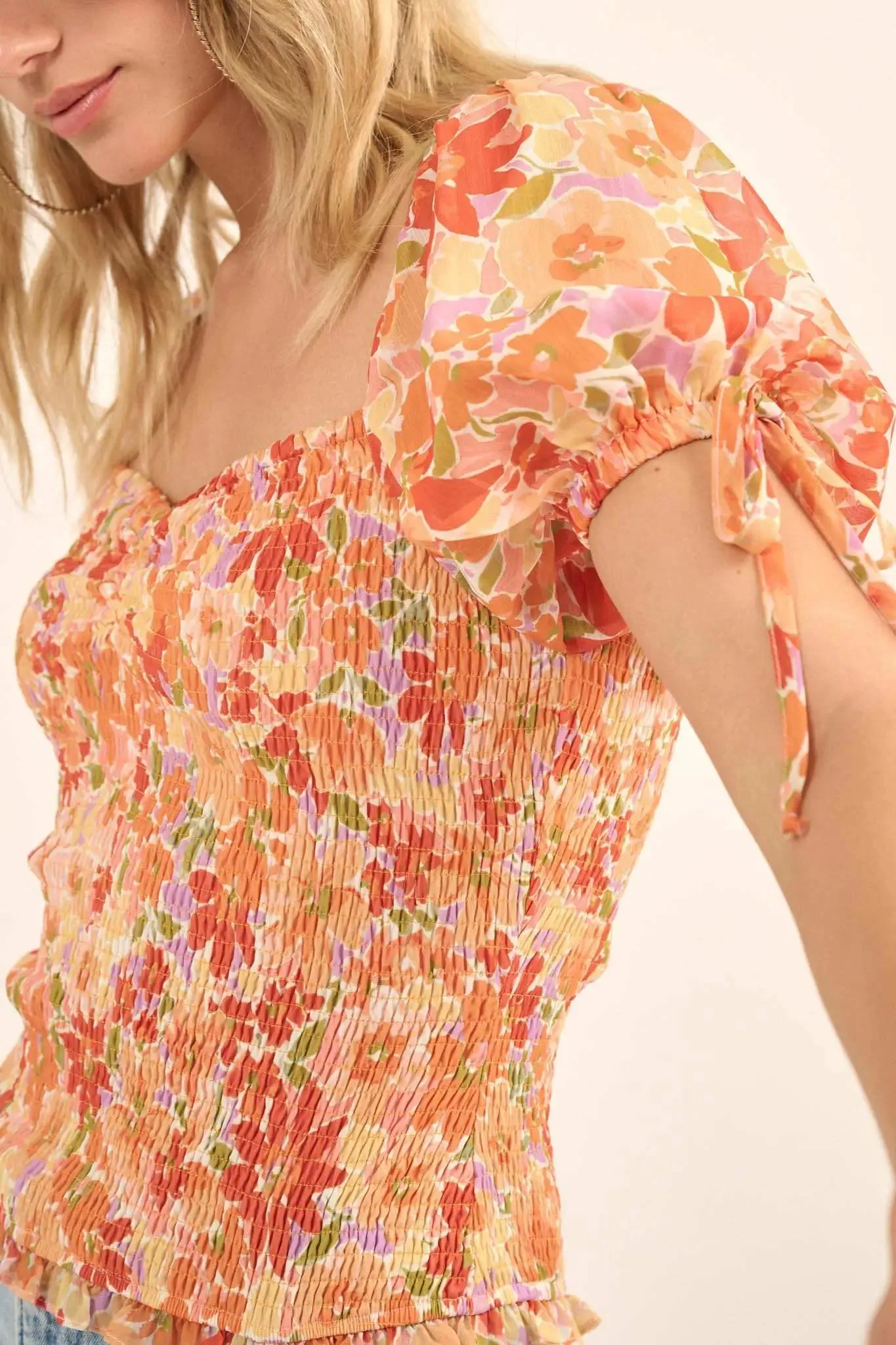 Tangerine Dream Floral Chiffon Smocked Peasant Top sold by Promesa product image thumbnail 4