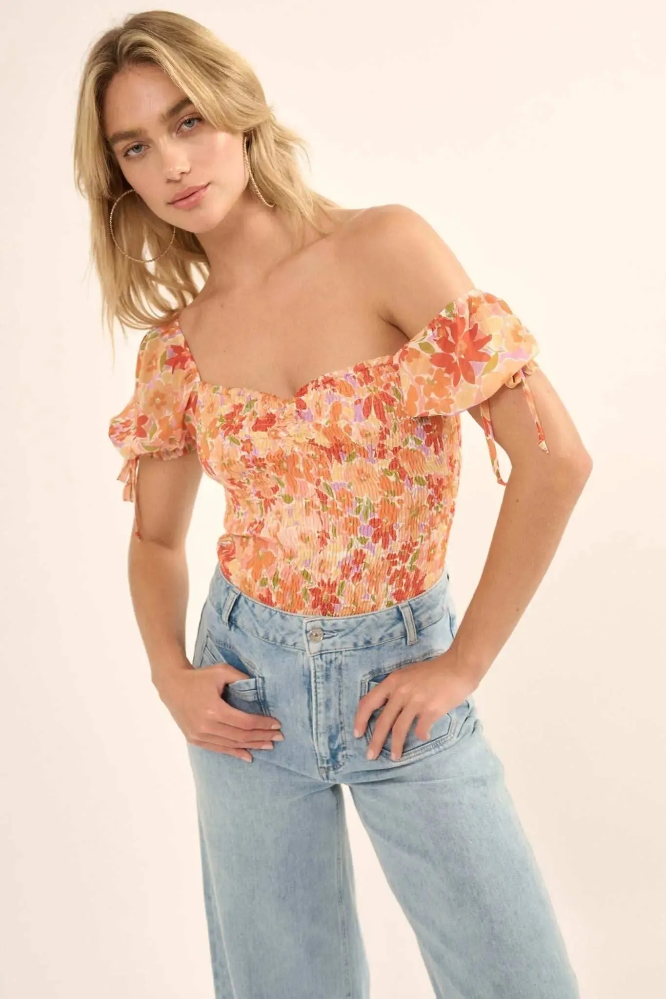 Tangerine Dream Floral Chiffon Smocked Peasant Top sold by Promesa product image thumbnail 3