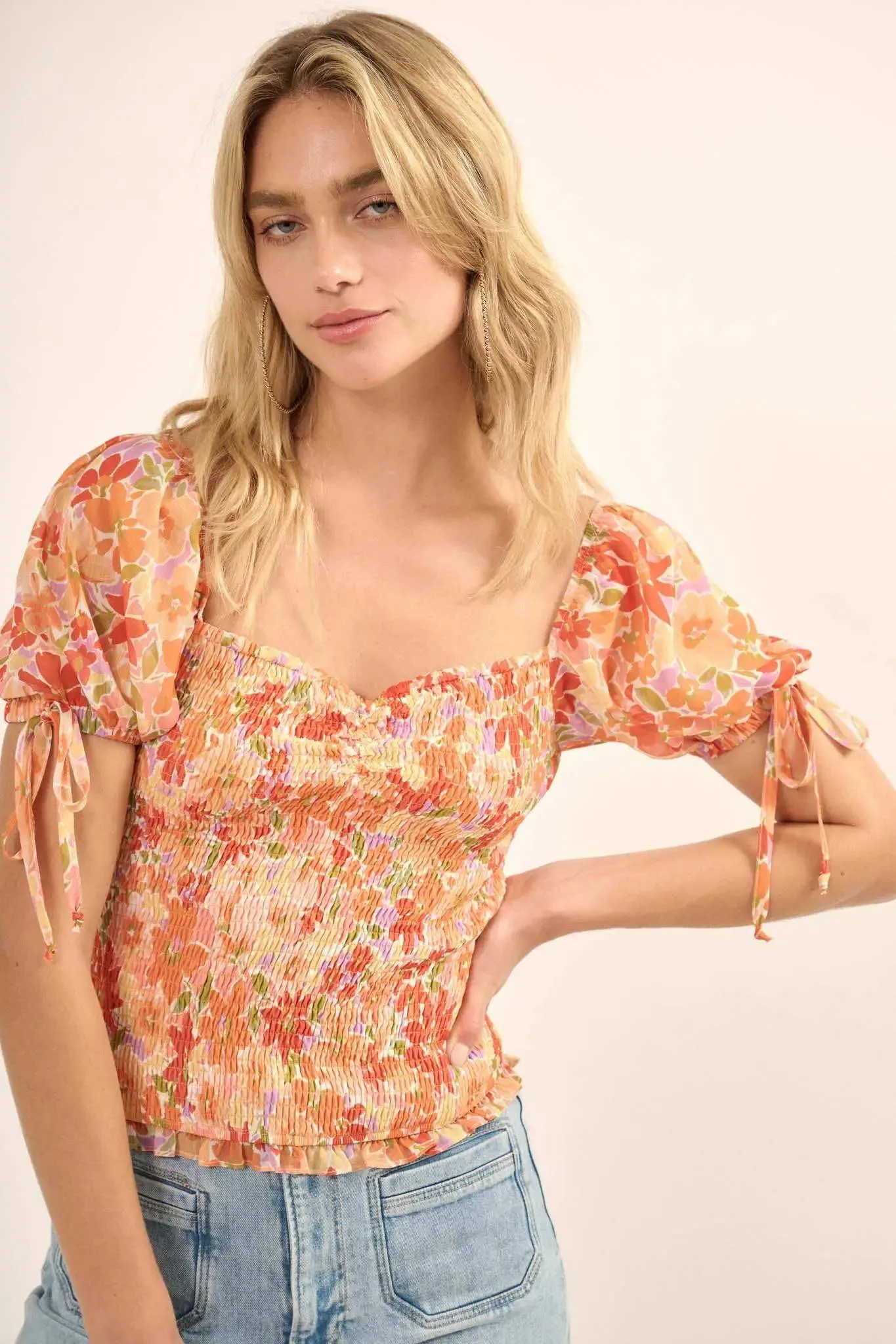 Tangerine Dream Floral Chiffon Smocked Peasant Top sold by Promesa product image thumbnail 5
