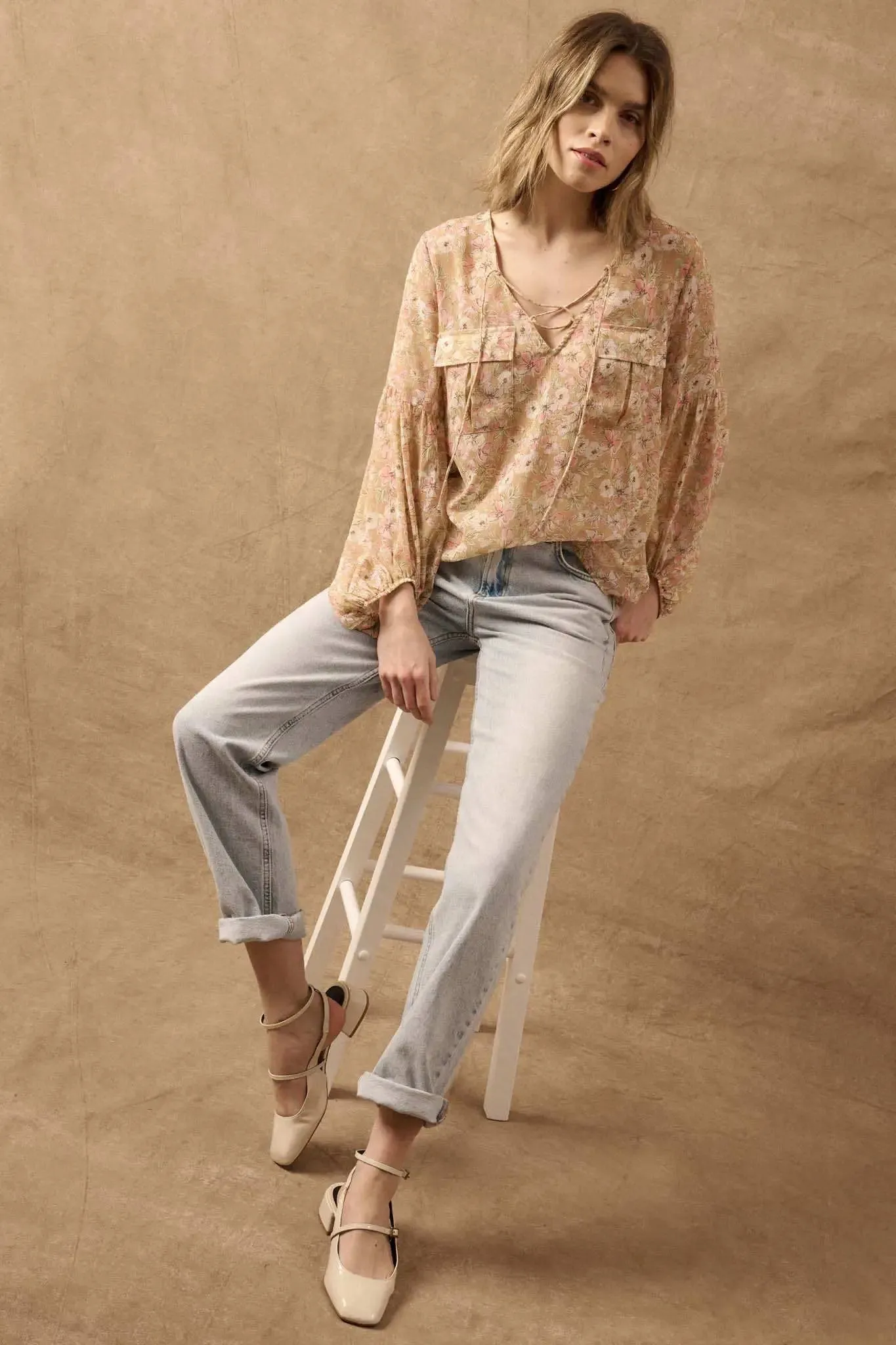 Floral Flair Lace-Up Floral Chiffon Peasant Top sold by Promesa