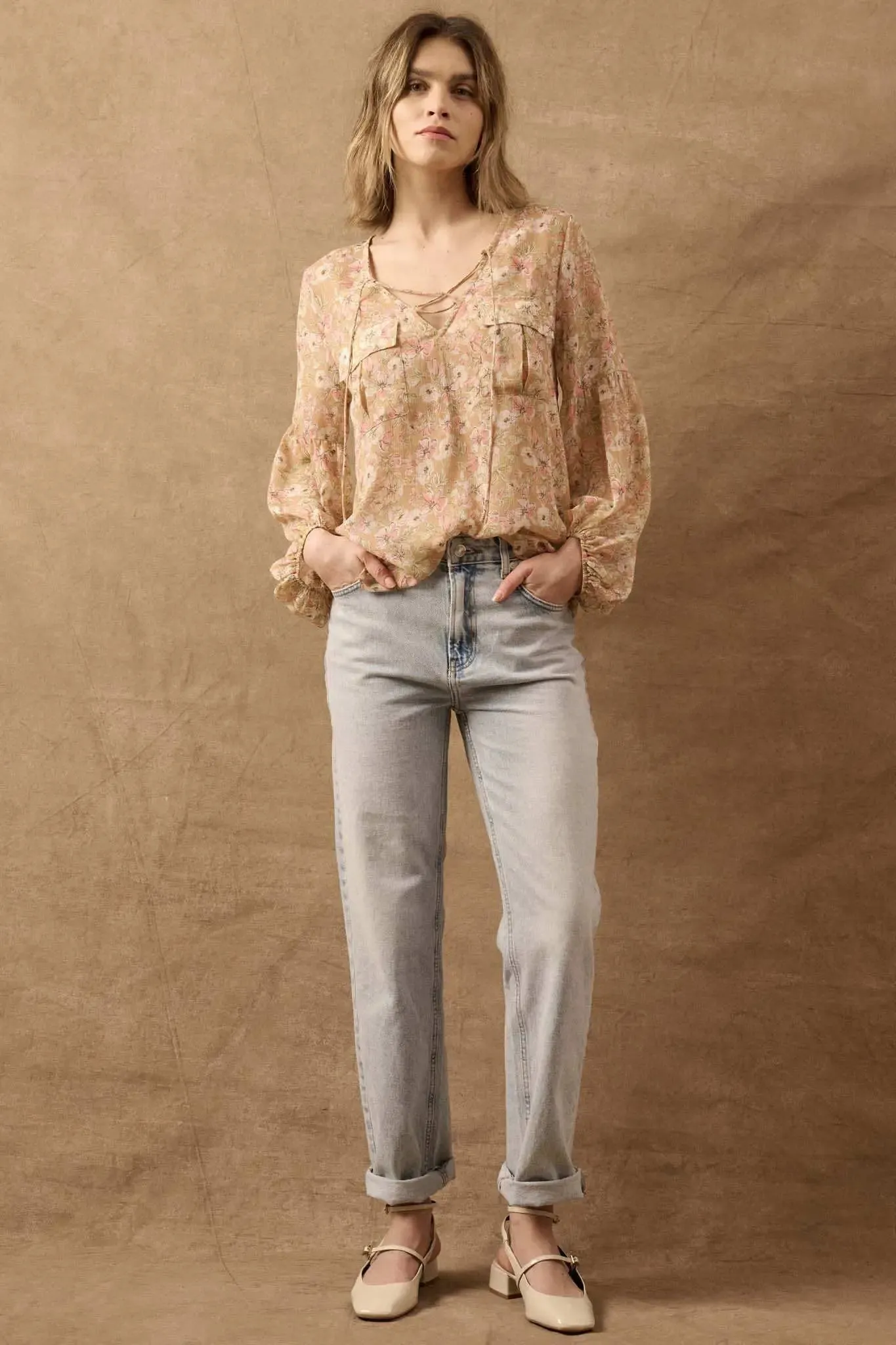 Floral Flair Lace-Up Floral Chiffon Peasant Top sold by Promesa product image thumbnail 5
