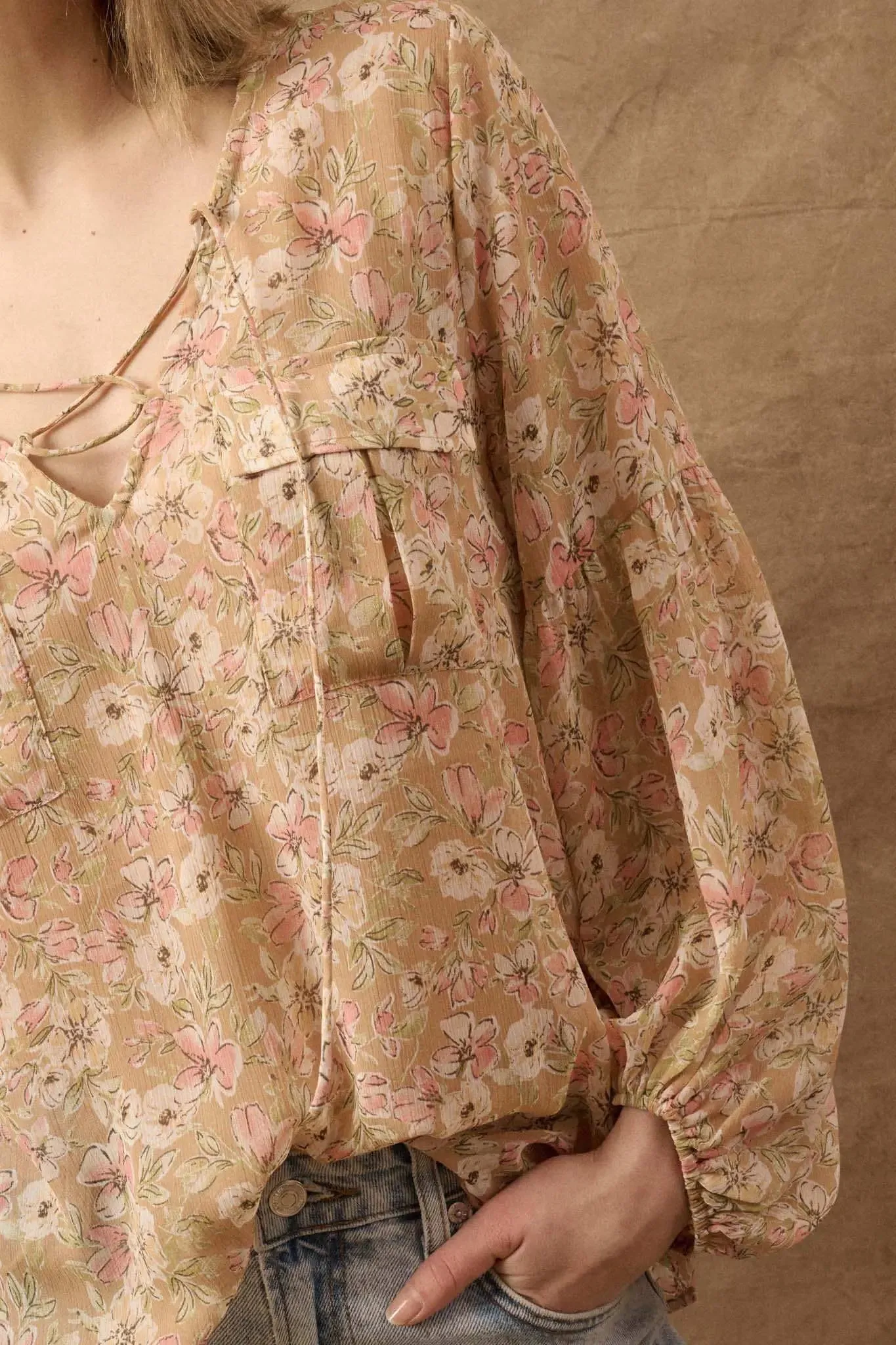 Floral Flair Lace-Up Floral Chiffon Peasant Top sold by Promesa product image thumbnail 3