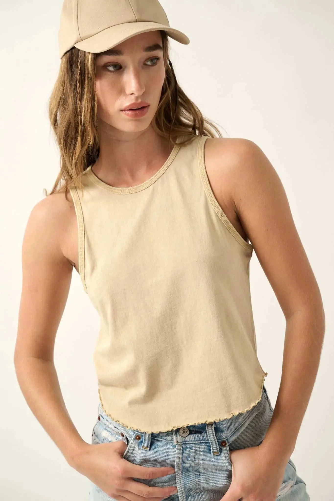 Real Talk Vintage-Wash Lettuce-Edge Tank Top sold by Promesa product image thumbnail 4
