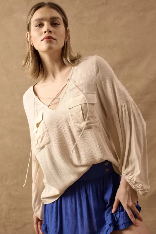 True Nature Balloon-Sleeve Pocket Peasant Top sold by Promesa